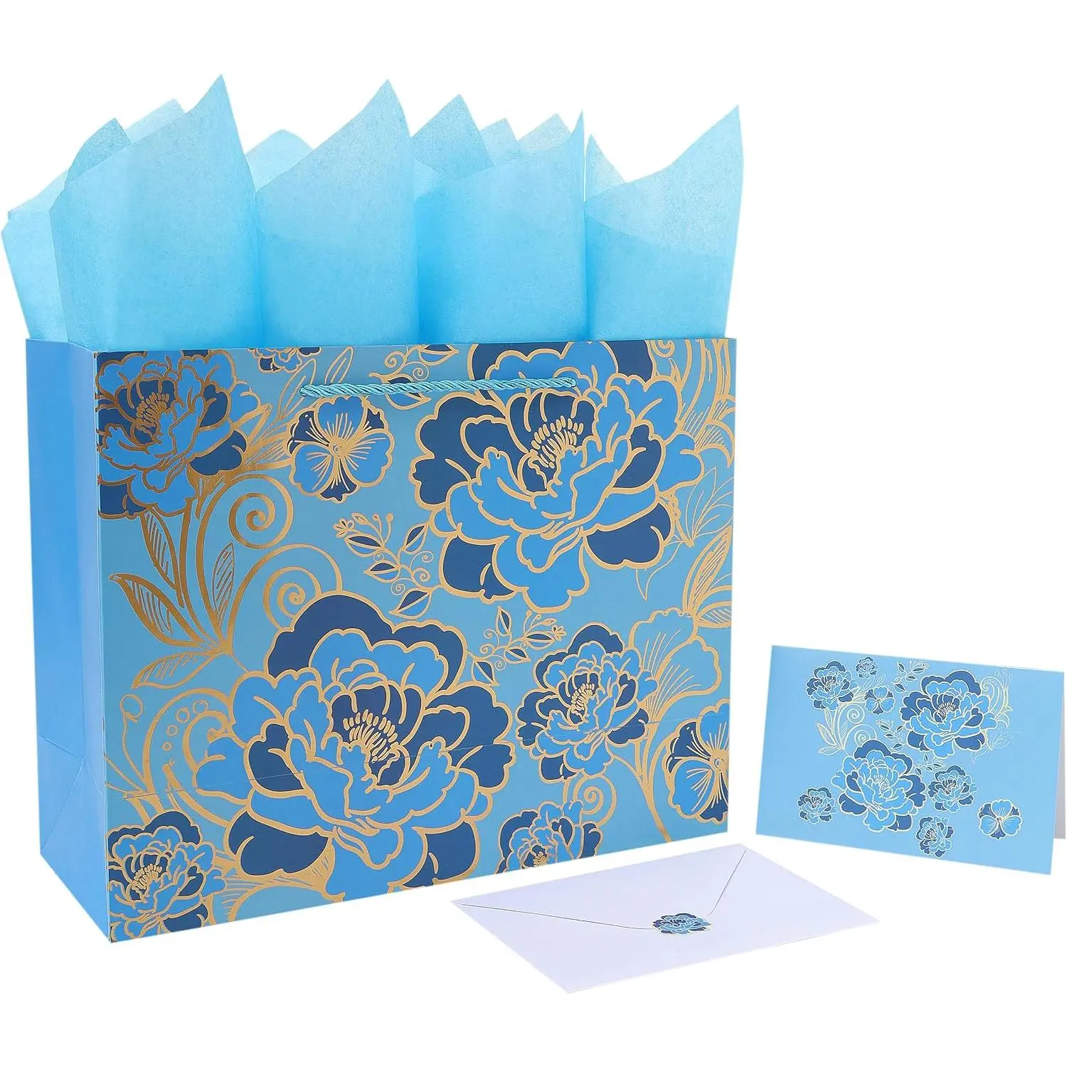 13" Modern Rose Blue Gifting Pack (13"x5.2"x10.2", 1 Count) for Girls/Women - Includes Cards, Foil-Traced Tissue Paper, Ideal for Birthdays, Mother's Day