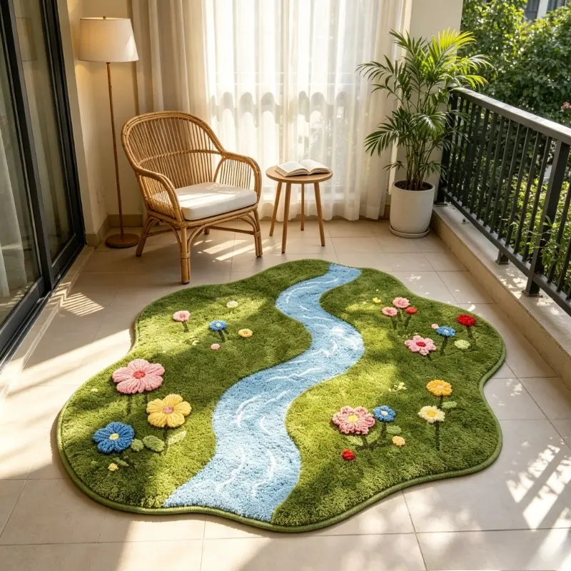 1pc 2D Flat Healing River Living Room Flower Polyester Rug Forest Style Fresh Bedroom Decoration Bedside Carpet Irregular Shape Bay Window Plush Carpet Ins Style Fluffy Soft Balcony Washable Non-Slip Floor Mat
