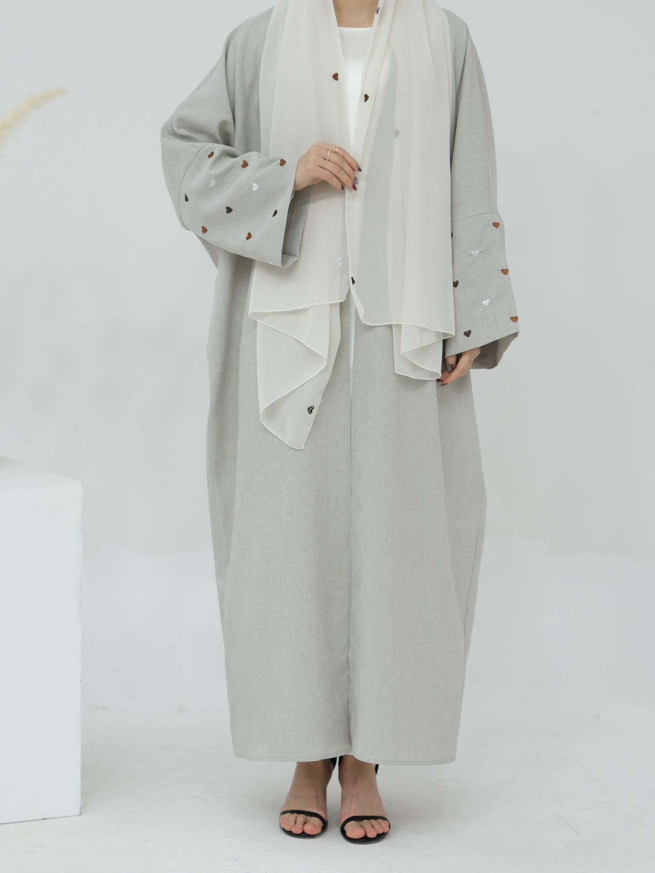Women's Heart Embroidery Long Sleeve Open Abaya, Modest Casual Outerwear for Daily Wear, Ladies Islamic Clothing for All Seasons