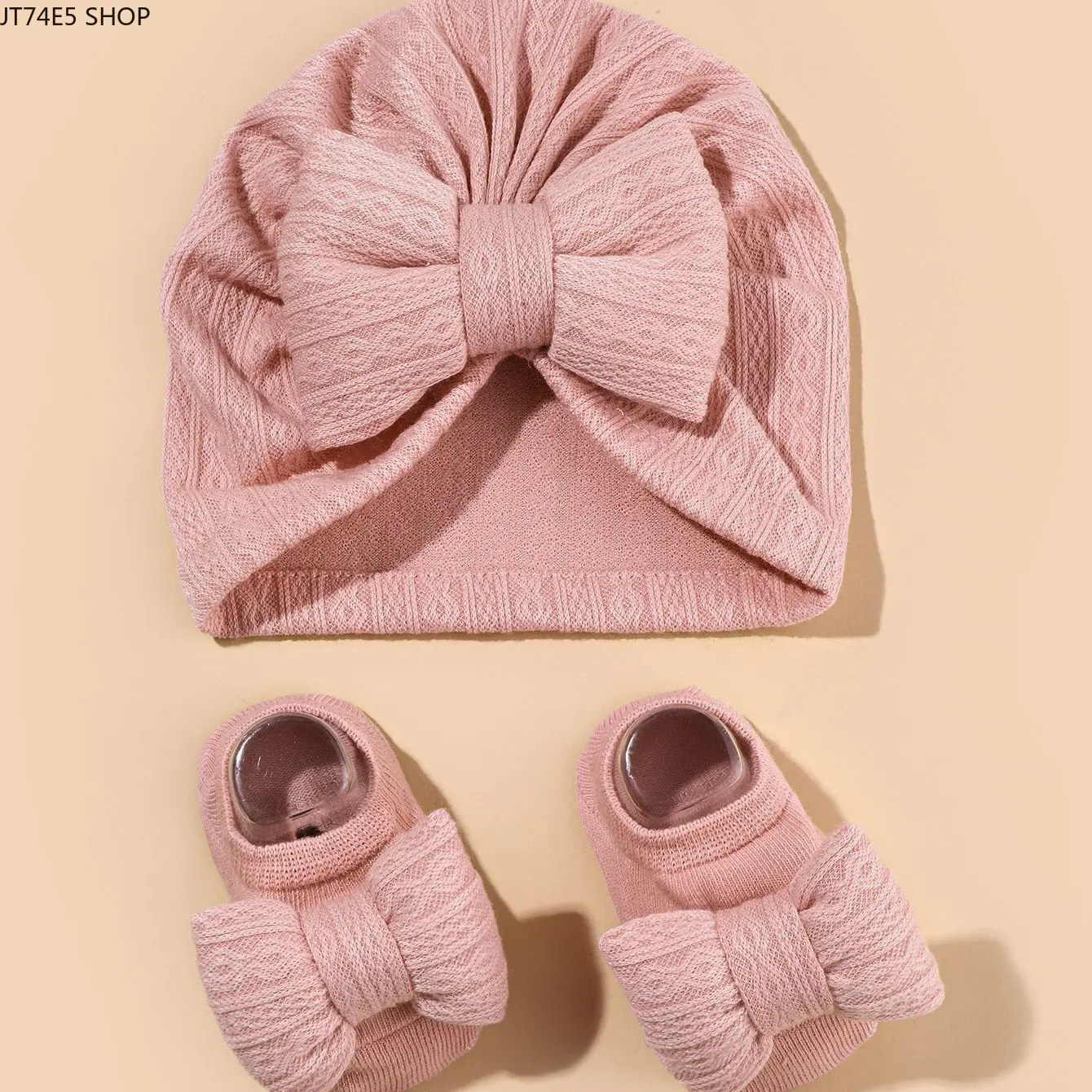 Infant Jacquard Knitted Hat, Headscarf & Socks 3-Piece Set, Soft Synthetic Fashion Accessory with Big Bow Decor, Hat Headscarf & Socks Set