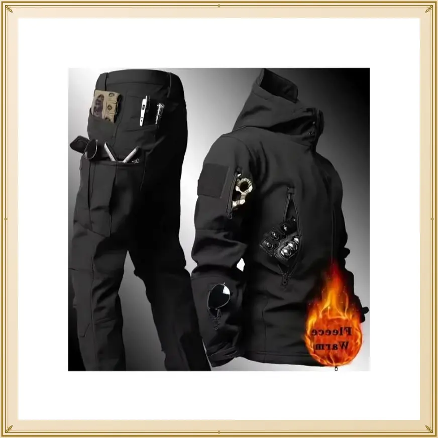 Men'S Two Tactical Outfit, Featuring a Lined Hooded Jacket And Pants, Designed to Be Windproof, Waterproof, And Durable, Equipped with Multiple Pockets, Suitable for Outdoor Activities in Autumn And Winter.