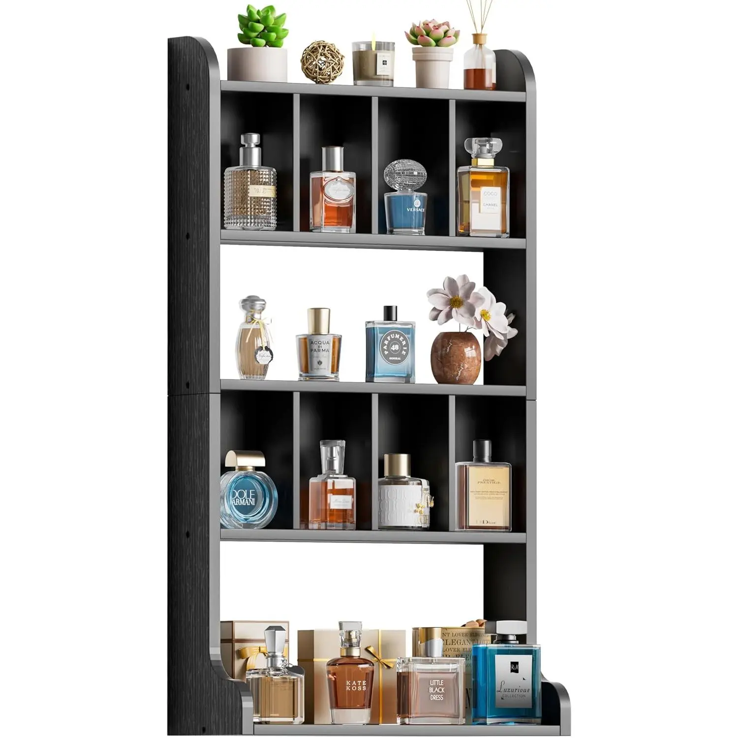 Perfume Organizer Wall Mount & Large Cologne Display Case - Wooden Multi-Tier Trinket Shelf for Fragrances, Collectibles, Figures, Miniatures,  and Shot Glasses,Black