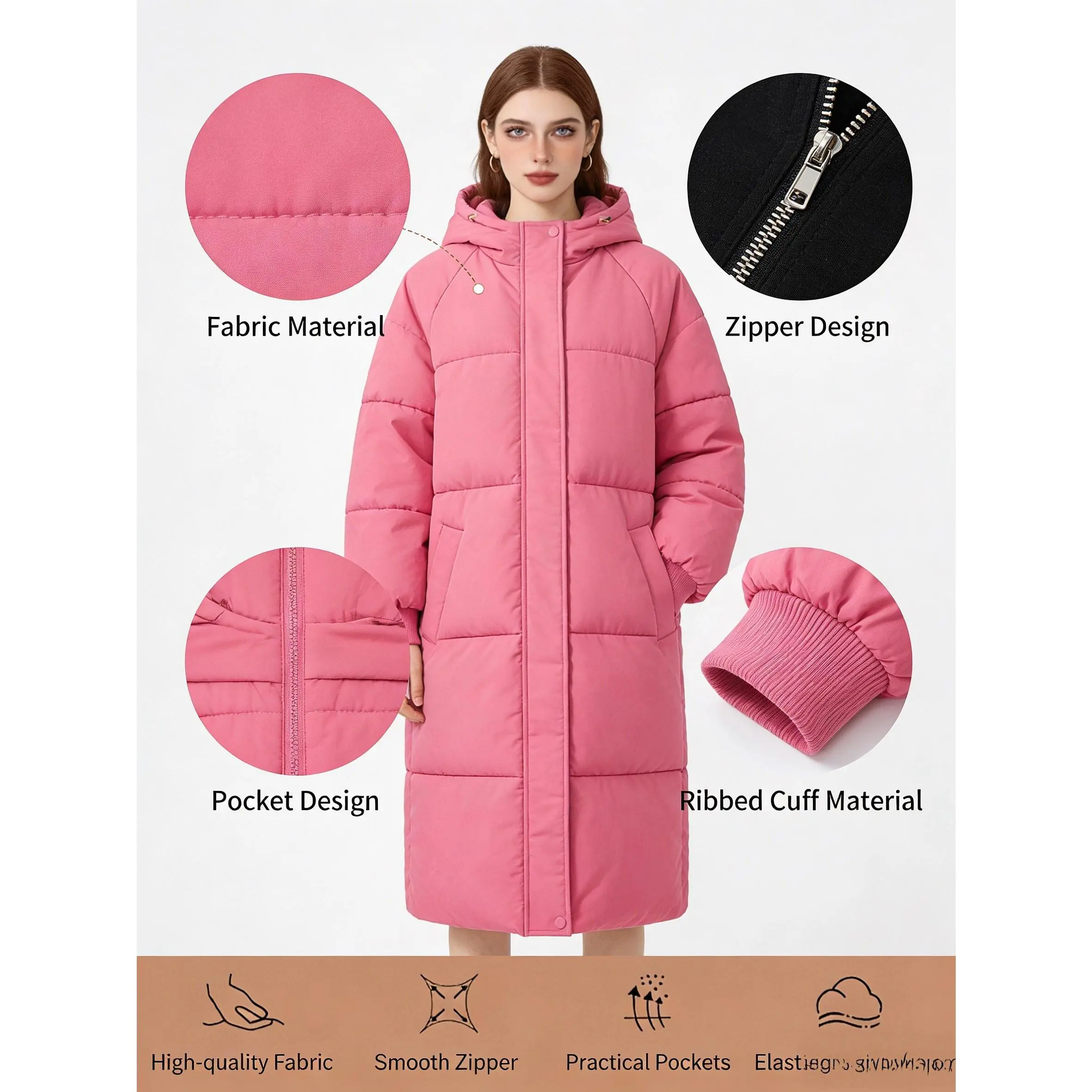 VVZ Women's Pink Button Front Full Zip Up Coat Trendy Warm Raglan Sleeve Outerwear for Daily Wear Puffer Jacket Hooded Coat Essential Winter Clothing Piece Style Tops Twist