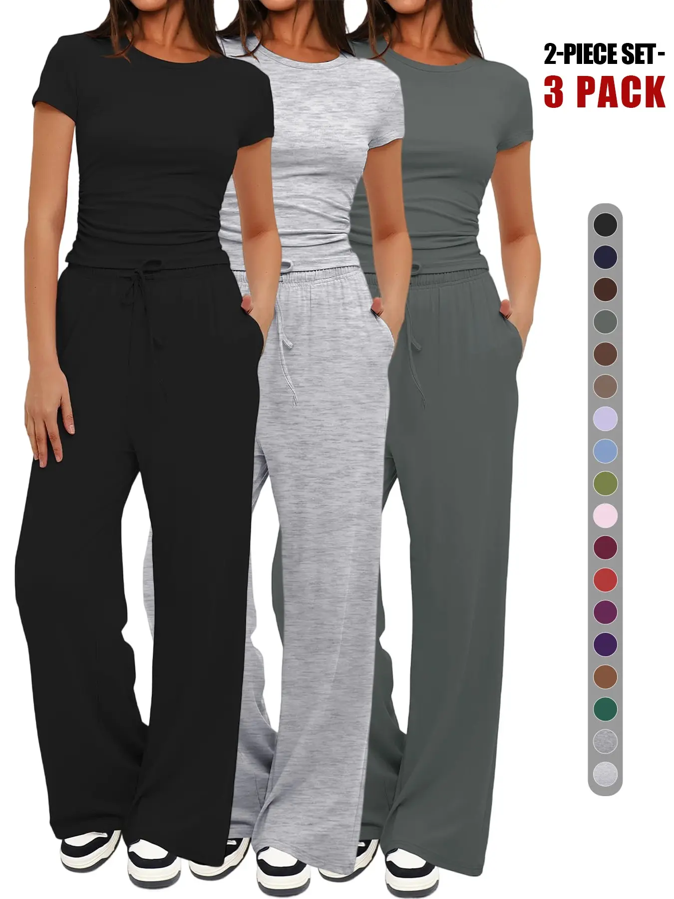 2026 New Women Matching 2 Piece Tracksuit Loungewear Set, Crew Neck Ruched Crop Short Sleeve Tee & Drawstring High Waist Wide Leg Pants with Pockets, Soft Stretch Solid Casual Sleep Outfit for Daily Vacation Going Out, All Season