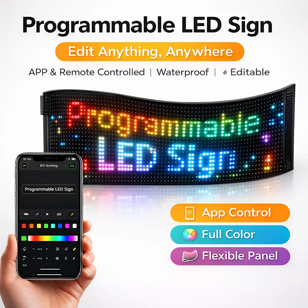 Programmable LED Light Sign - App-Controlled RGB Matrix Pixel Display with Custom Scrolling Text, DIY Icons, USB Power, Bright Beads, Animated Effects, Long Cable, Music Rhythm Mode for Room Decor, Party Lighting, Creative Photo-Video Backgrounds, Gaming