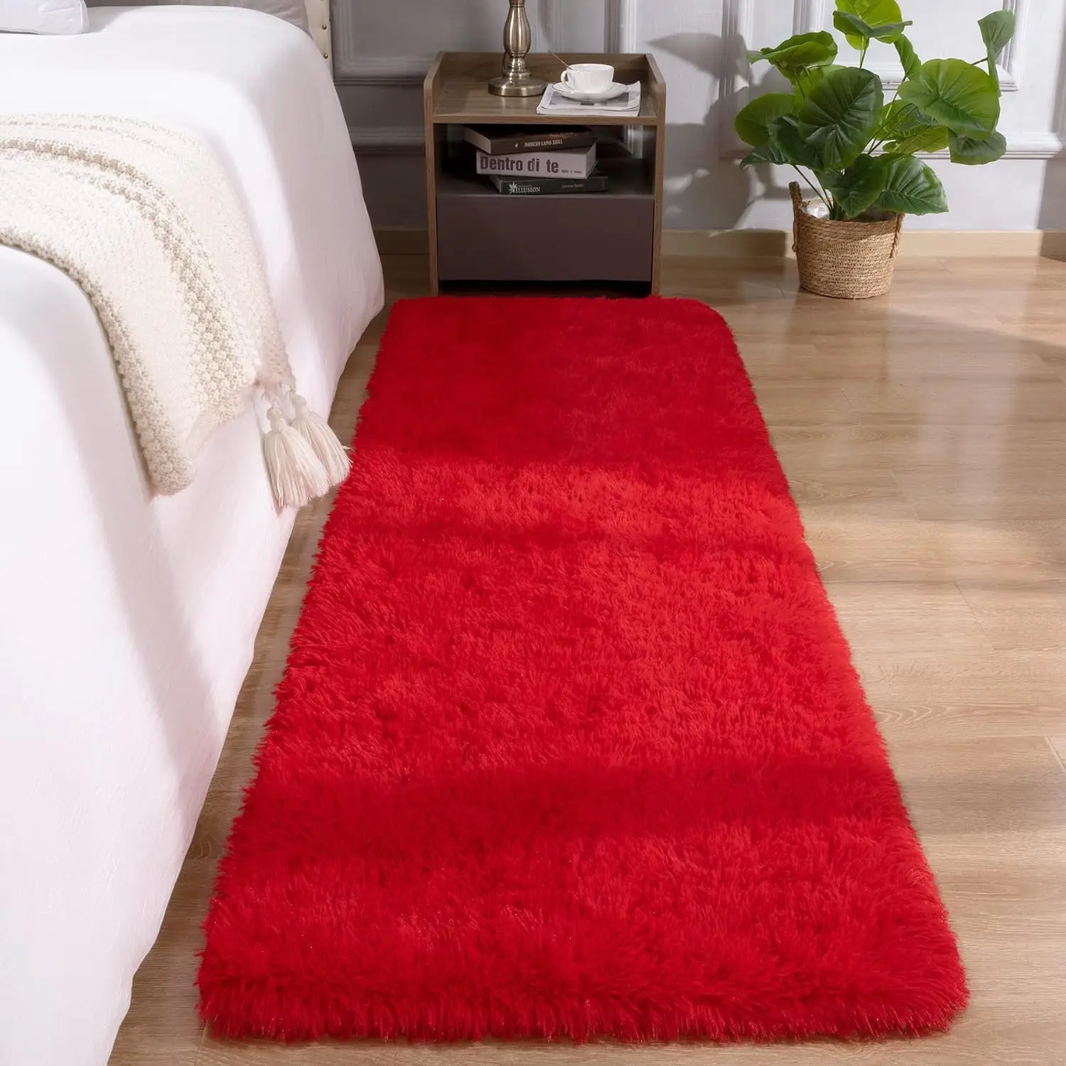Red 2x6 Fluffy Rug Runner - Washable Non-Slip Soft Throw Carpet for Bedroom Living Room College Dorm Kids Plush Area RugGift