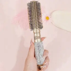 Round drum comb 1 piece of high-end shiny artificial diamond inlaid fluffy hairstyle hair combing comb travel portable home hair comb for both dry and wet use