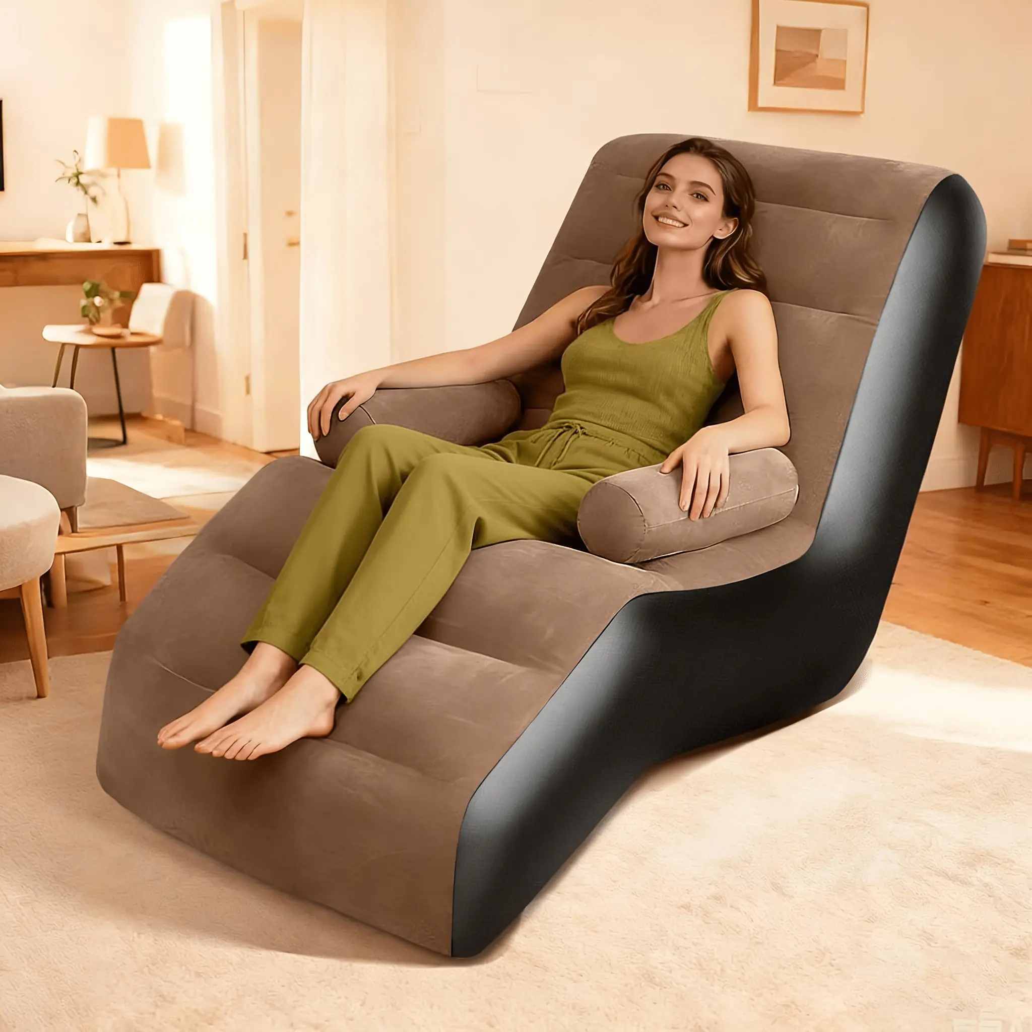 [Portable Inflatable Couch] Inflatable Couch for Camping, Air Mattress Sofa for Adults with Armrest, Waterproof Flocked Surface Inflatable Lounge Chair for Indoor, Portable Inflatable Couch for Movie Night, Air Sofa for Outdoor