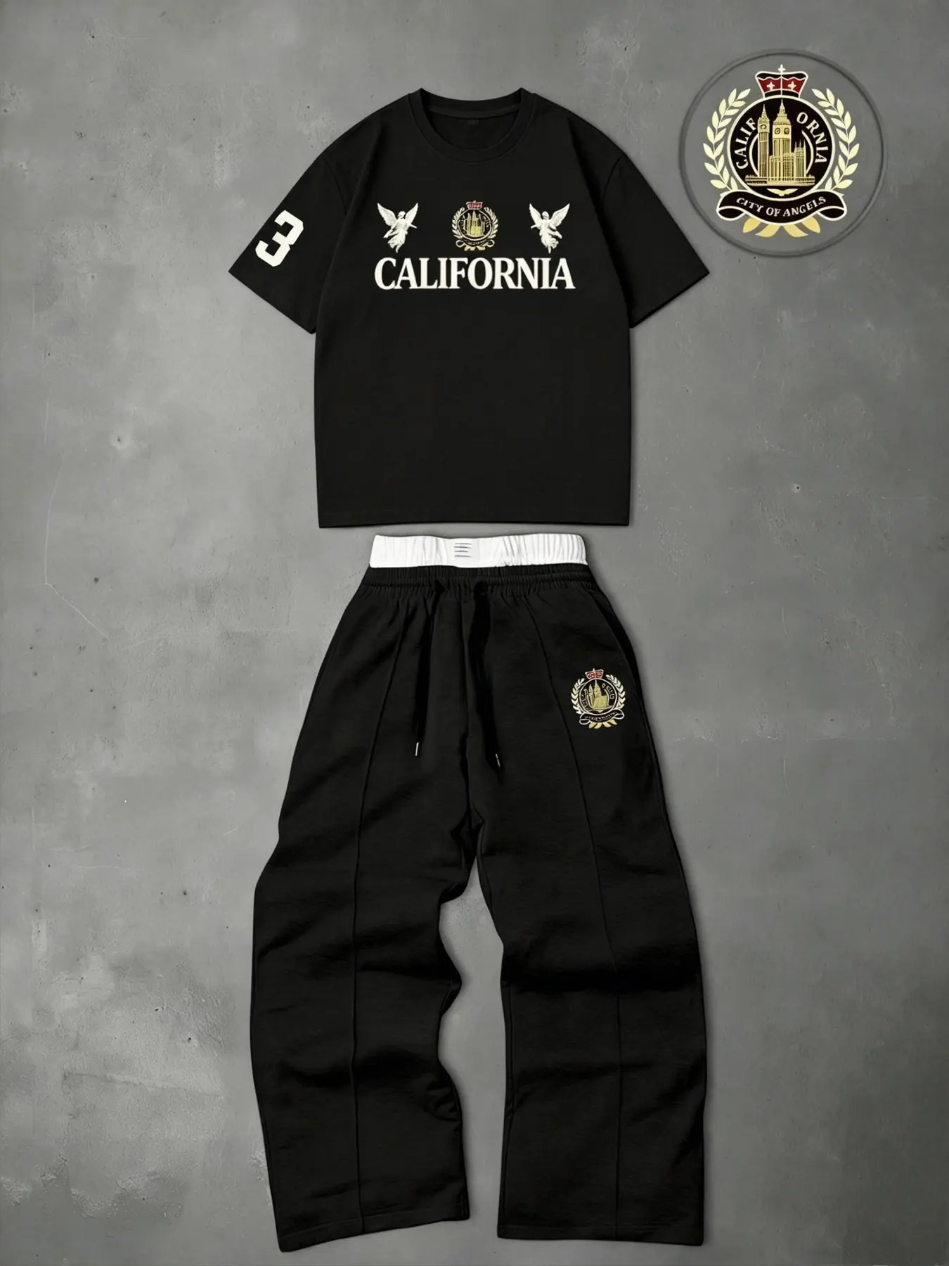 Men's short-sleeved T-shirt set, featuring a Graphic printed angel letter and badge T-shirt and double-waisted sweatpants, a casual, stylish, comfortable, and breathable two-piece summer outfit for men Clothes Menswear Breathable Sport Set