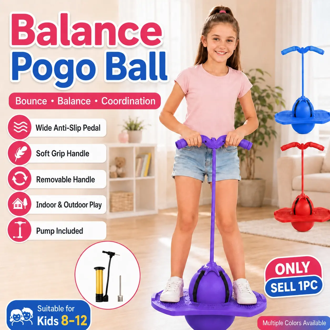 Bouncing Ball With Handle Pump, Balance Platform Bouncy Jump Pogo Ball, High Jump Trick Board Pogo Bouncing Ball, Safe and Fun Pogo Stick, Improves Balance & Coordination for Indoor Outdoor, Inflatable Fitness Toy Gift,for Balance/Coordination/Fitness