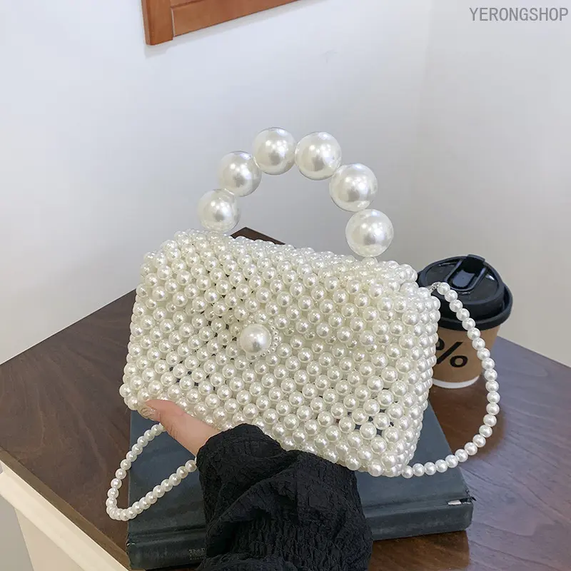 New Classic Woven Handmade Beaded Compact Mini Box Bag with Pearl Chain Strap - Elegant Crossbody Carry Shoulder Handbag, Trendy Evening Purse for Events, Touch Screen-Safe Fashion Accessory Set with Martial Art Knit Cotton Formal Fleece Winter Elements