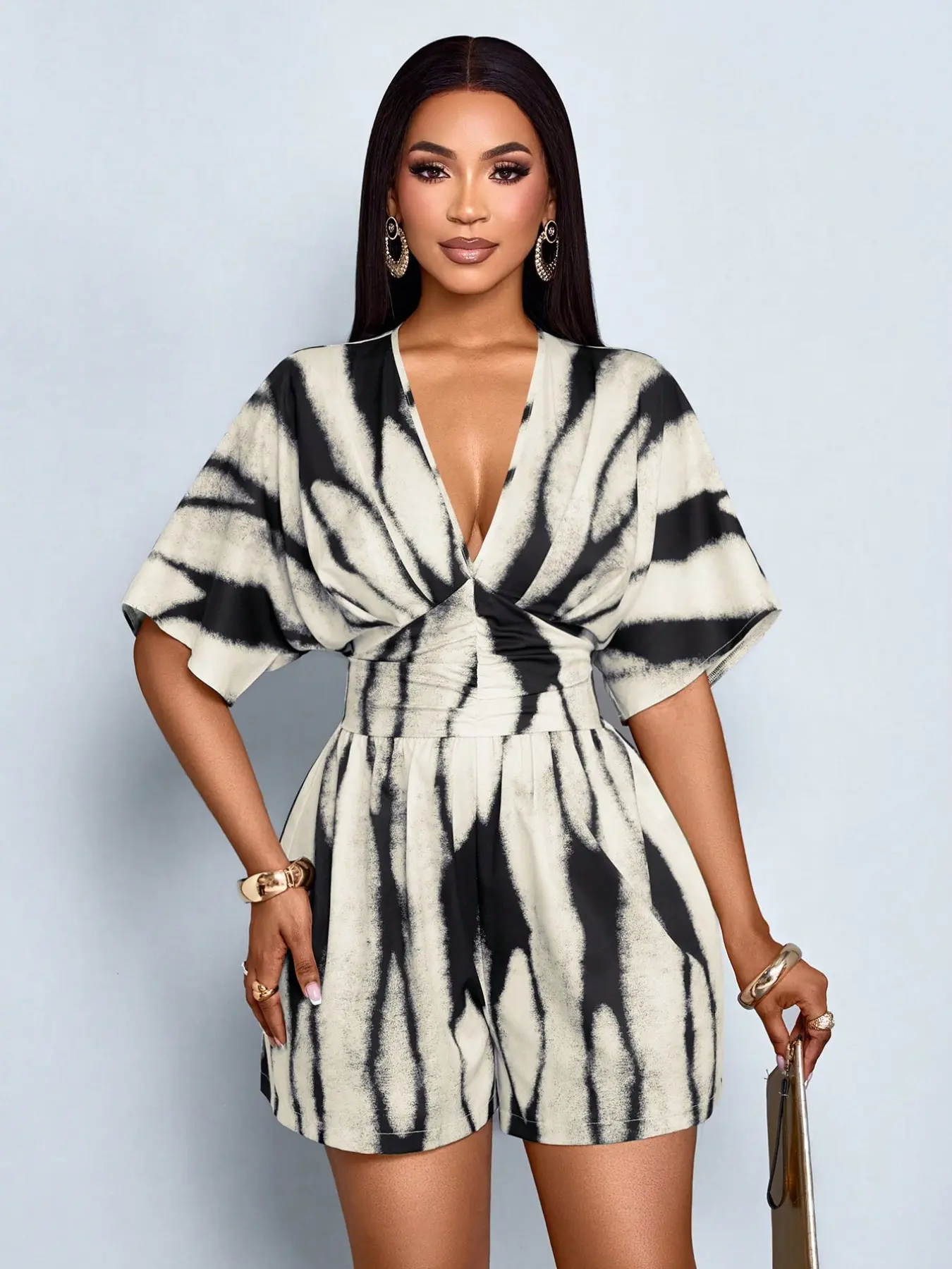 Women's Summer Printed Sleeveless Polyester Jumpsuit, Natural Elastic Waist Fitted Boho Style, Belted High Waist Long Pants, Comfortable Casual Vacation Wear, Bohemian