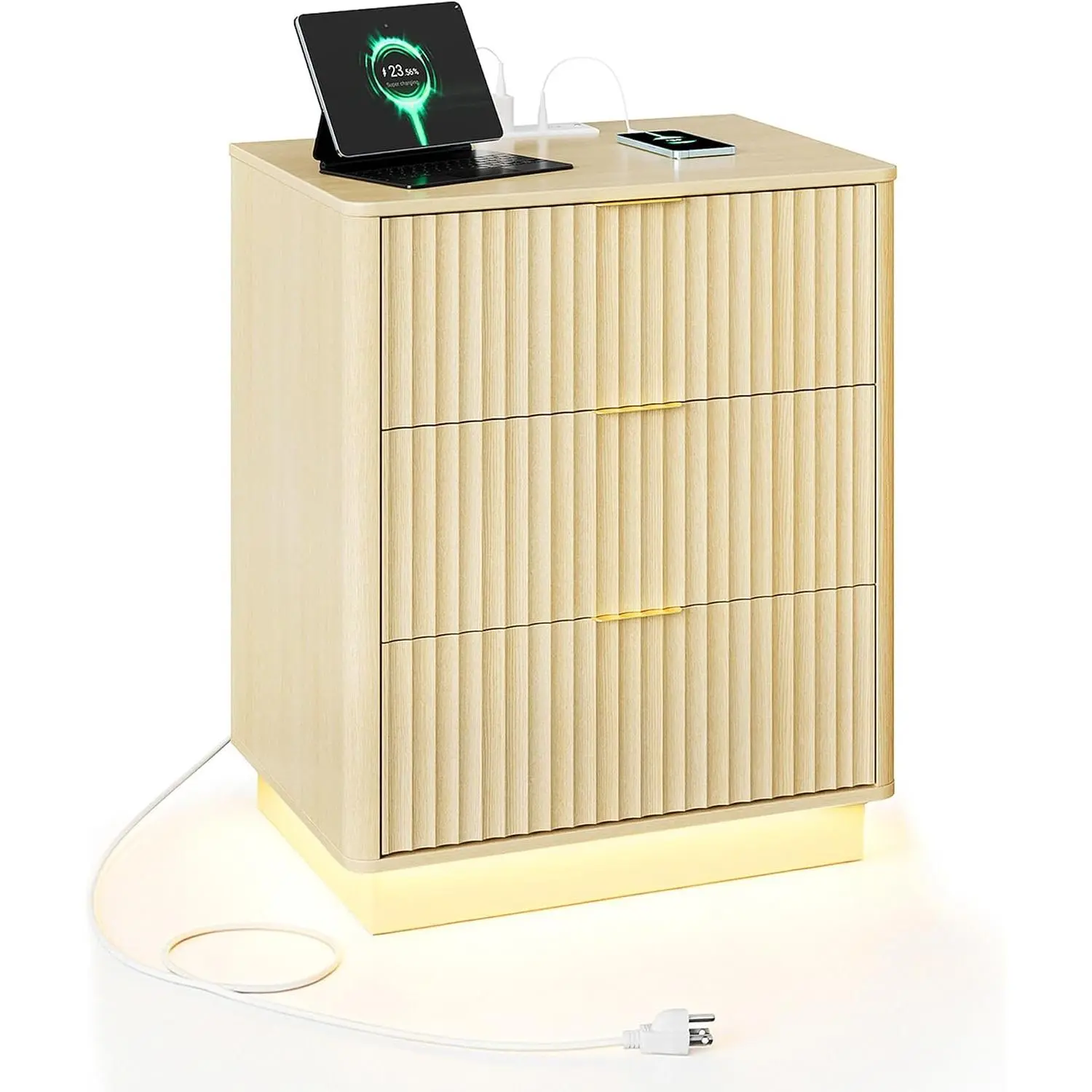 1PC Fluted Nightstand with Charging Station, Wooden Night Stand with LED Light, Modern Mid Century Bedside End Table with 3 Drawers, 20" w x 15.7" d x 24" h, for Bedroom