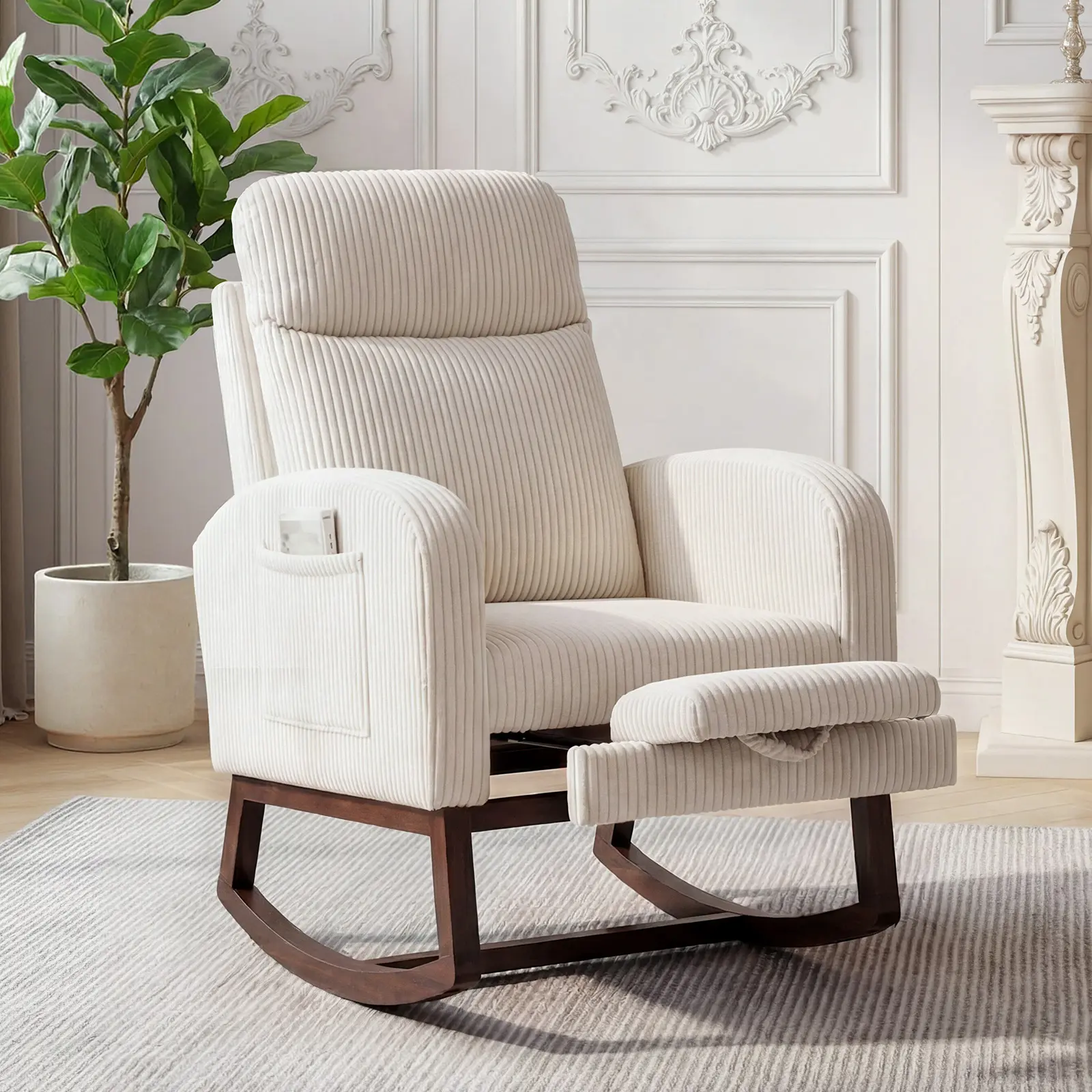 Rocking Chair with Foot Rest, Modern Teddy Glider Rocking Chair with Wood Legs and Side Pocket, Upholstered Rocker Accent Armchair for Nursery, Living Room, Bedroom, Beige