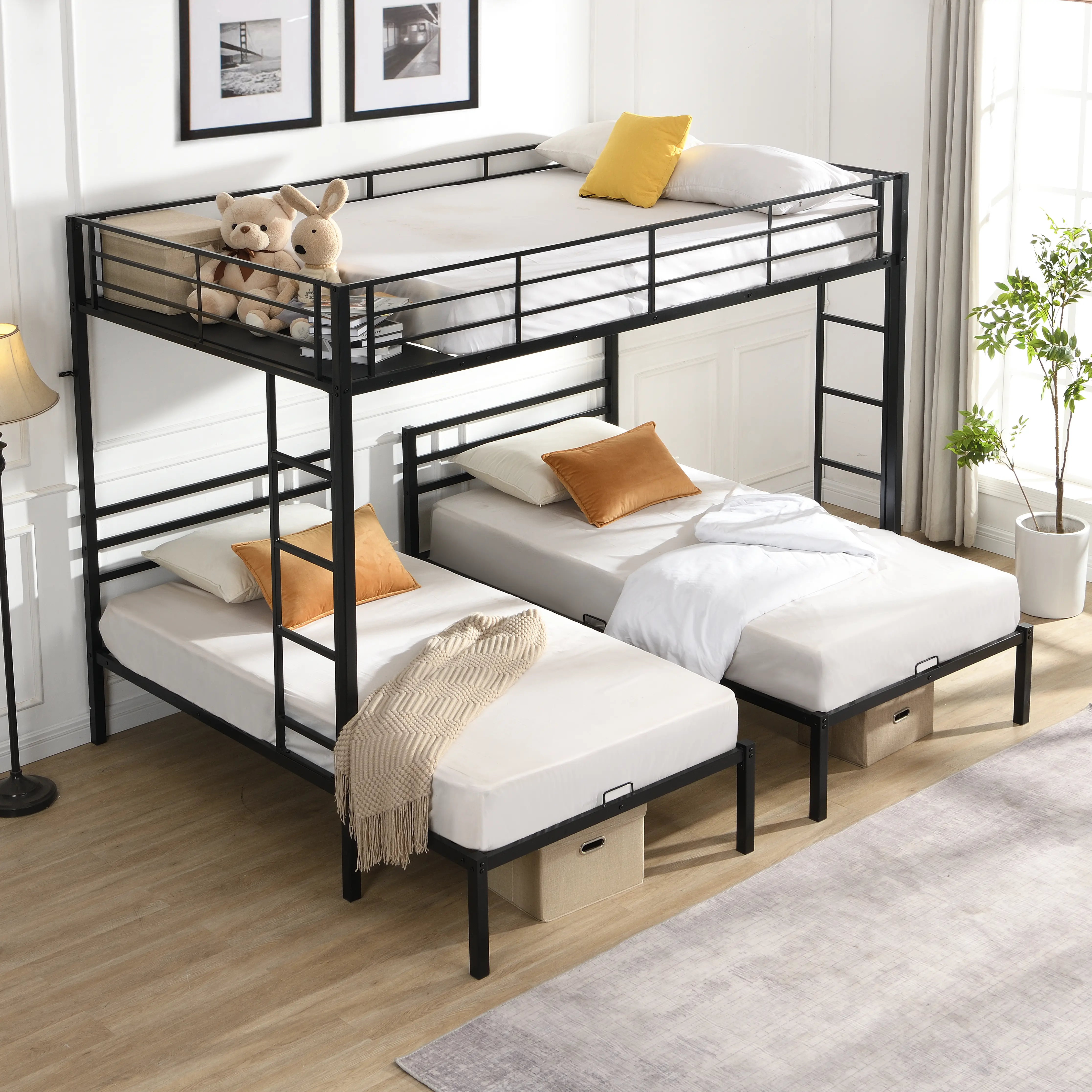 ARCH Full Over Twin Over Twin Triple Bunk Bed with Vertical Ladder, Metal Frame Bunk Bed with Safety Rail, Space-Saving Triple Sleeper for Kids Teens, Heavy Duty Steel Bed Frame for Bedroom Dormitory, No Box Spring Needed, Bedroom Furniture for