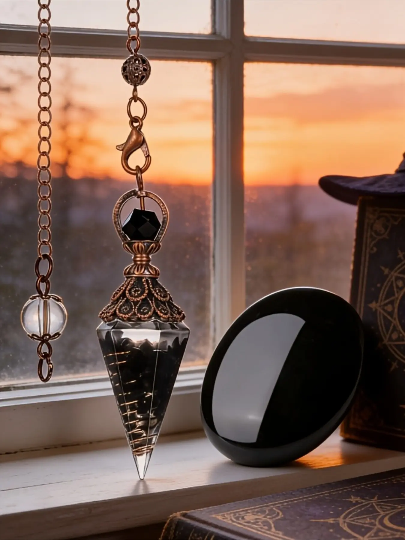 2pcs natural obsidian palm stone pendulum pendant magic supplies, black soapstone with bronze resin pendulum, Aesthetic Jewelry Gift