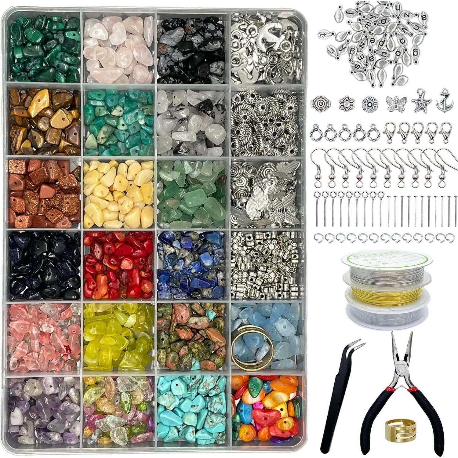 DIY Jewelry Making Supplies Kit - 1587 PCS Vibrant Beads, Crystal Beads, 1 x Flat Nose Pliers, 1 x Jump Ring Opener Tool, Beading Wire, Earring Hooks, Rings, Bracelet & Earring Making Kit for Girls & Adults, Ideal Homemade Gift