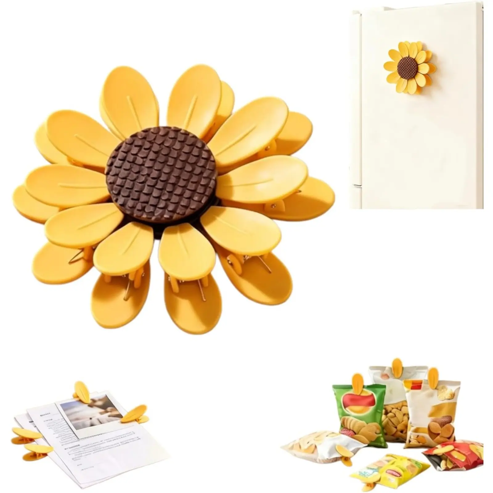 Sunflower-Shaped Magnetic Bag Clips with 10 Petal Clips, Food Sealing Clips with Magnetic Base, Decorative Fridge Magnets for Snack & Kitchen Storage