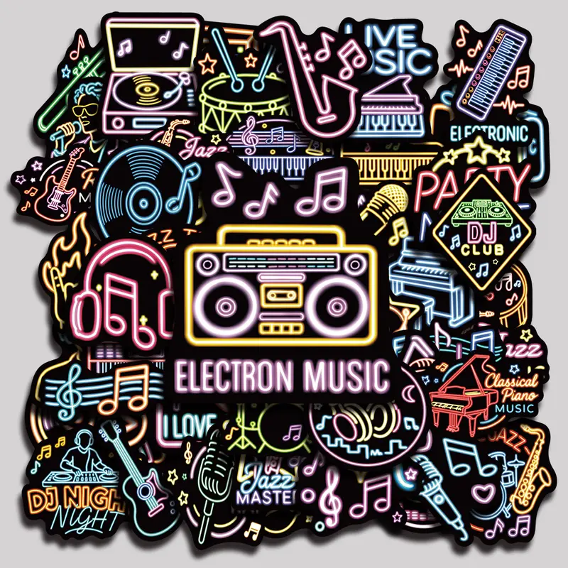 50PCS Neon Music Aesthetic Vinyl Stickers Pack for Laptop Water Bottle Phone Case Skateboard Journal Scrapbook DIY Decoration