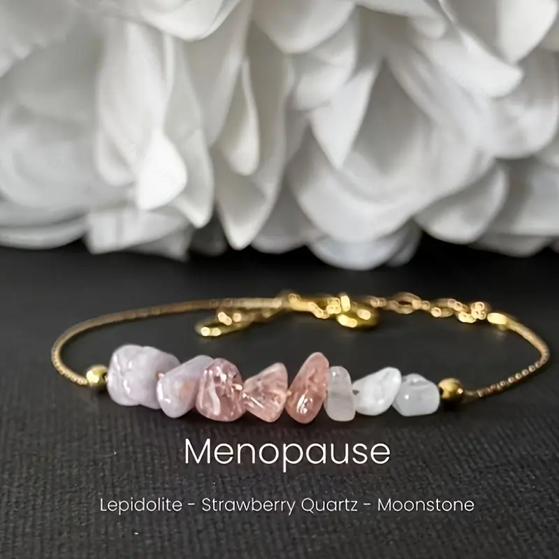 Women's Non-Natural Minimalist Charm Beads Bracelet - Lepidolite, Strawberry Quartz, Moonstone, Skin-Safe Metal Raw Shapes, Adjustable Size, Calming Menopause Jewelry, Female Jewelry Gift for Her, Gift-Ready, 7Cm