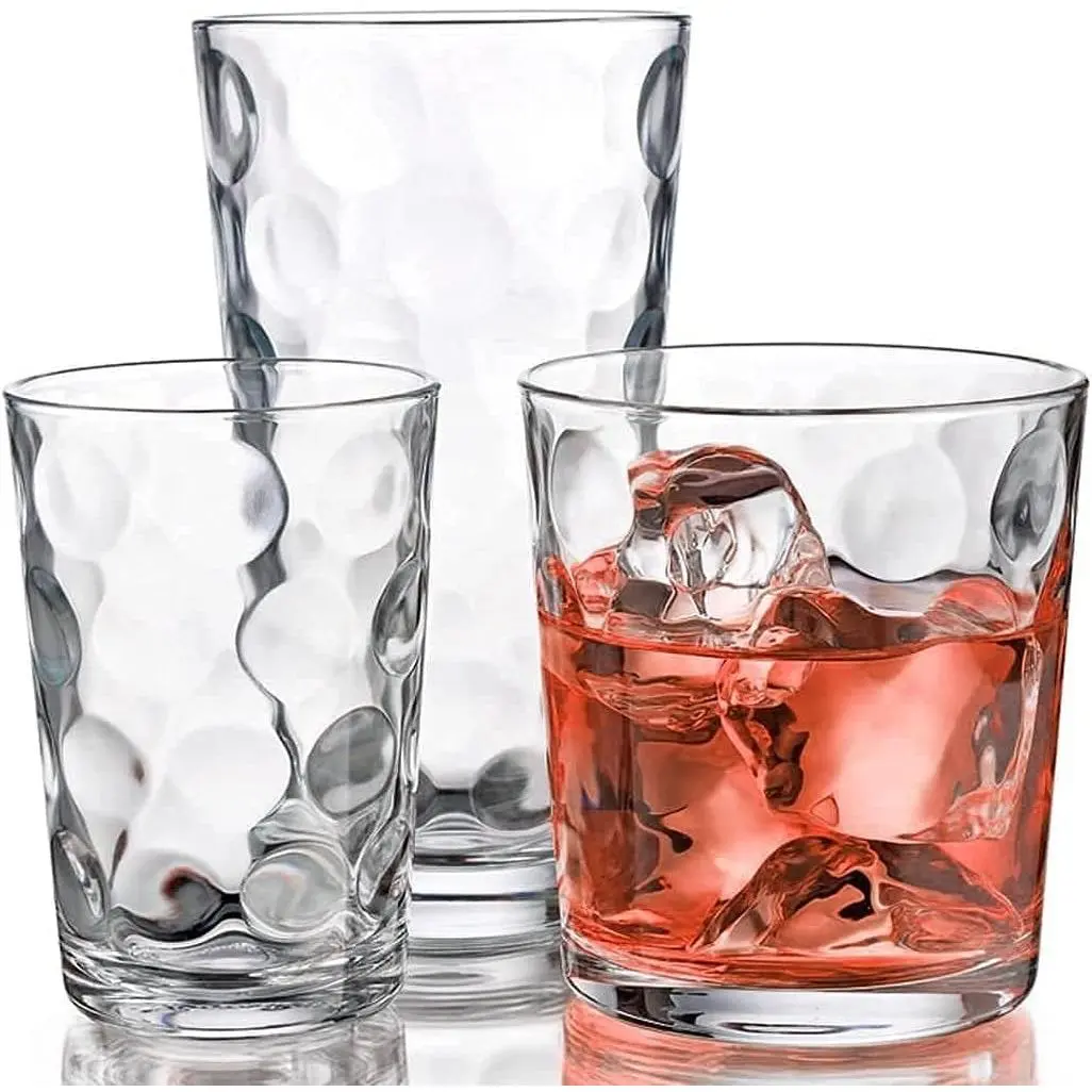 Glassware Set 18 count  Drinkware Set. 6 Highball Tumblers-17 oz., 6 Rock -13 oz., and 6 Juice-7 oz.  Size Glass Cups Drinking Glasses. (Design  Inner Glass)