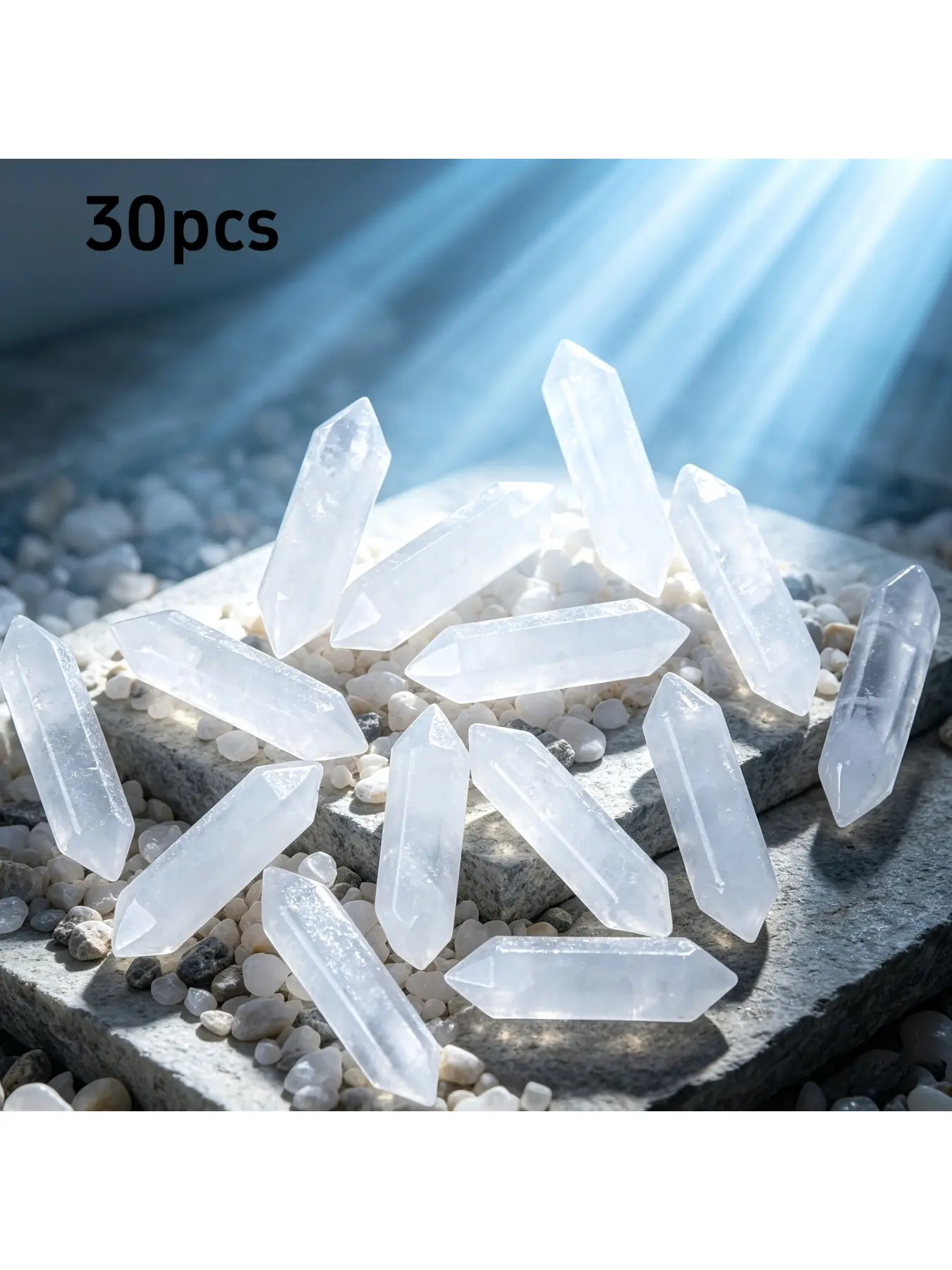 30pcs Natural Stone Crystal Hexagon Wands Smooth Double-Sided Clear Quartz Crystals Natural Crystal Stones Home Office Car Decor Crystal Decorative Stones Perfect Gift for Christmas Halloween Easter