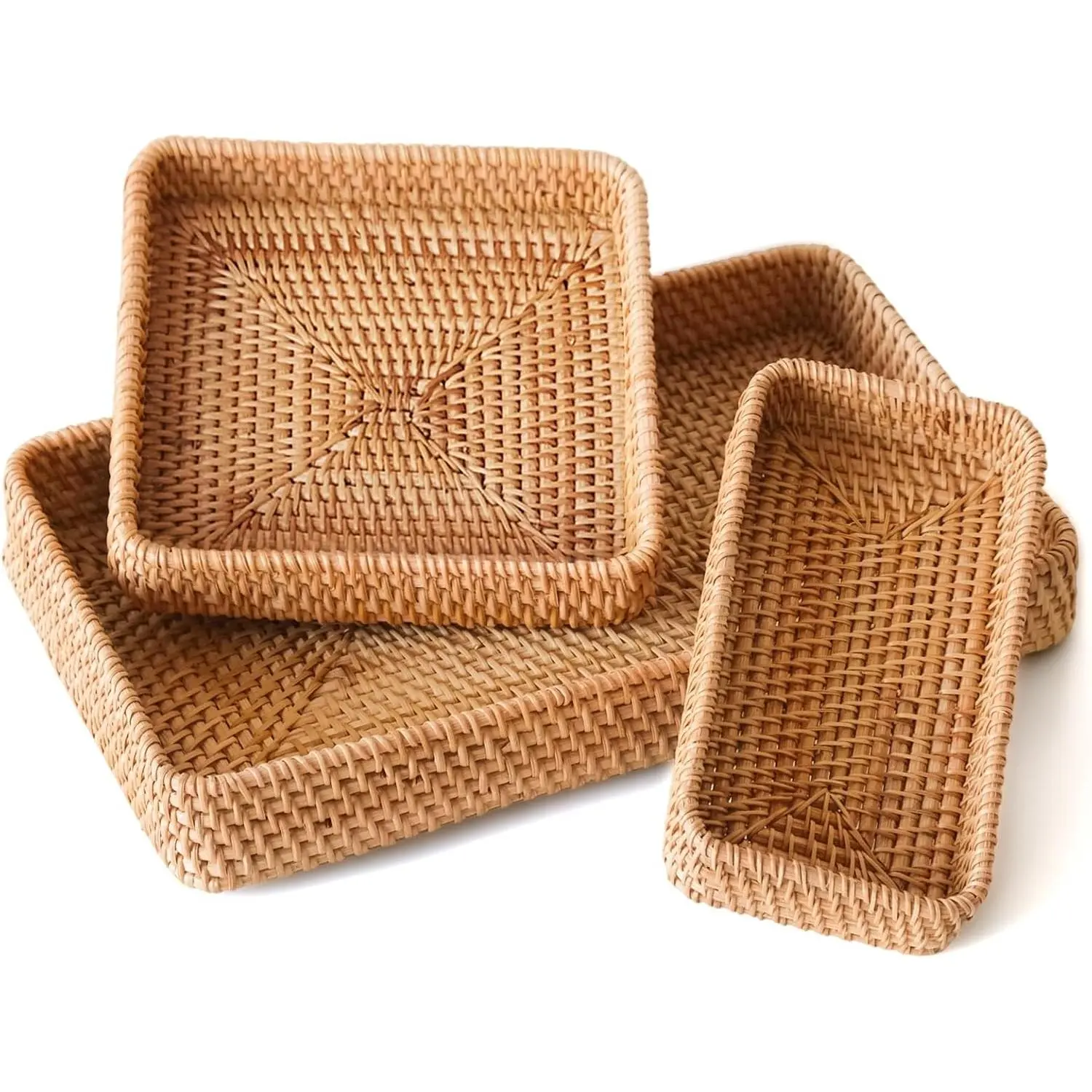 Rattan Serving Tray,Rectangle Wicker Storage Basket Set of 3 for Organizing Natural Rattan, Decorative Serving Woven Trays Wicker Baskets for Storage, Home Decor, Bathroom, Kitchen Counter