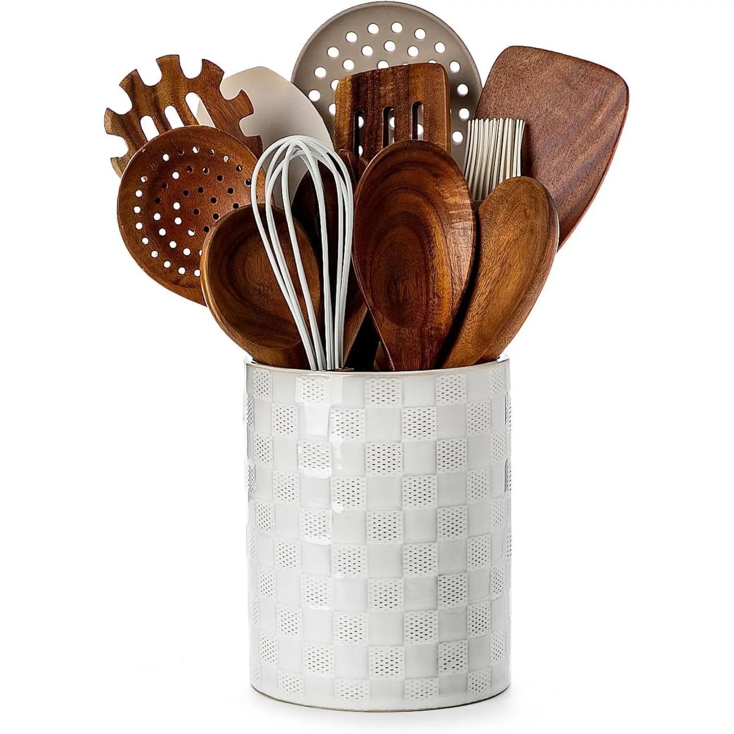 6.4'' Utensil Holder - Ceramic Utensil Holder for Kitchen Counter, Large Capacity Countertop Storage, Farmhouse Style Utensil Crock Organizer for Spoons, Spatulas & Cooking Tools