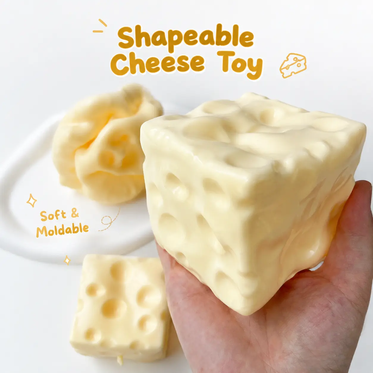 Rubber Cheese Stress Reliever for 6+ Years Unisex, Fully Moldable Non-Rebound Petroleum Jelly-Filled Soft Gel Squeeze Item, Soft Touch Giant 2.36in & 2.75in Shape-Holding Cheese Block Fidget Tool