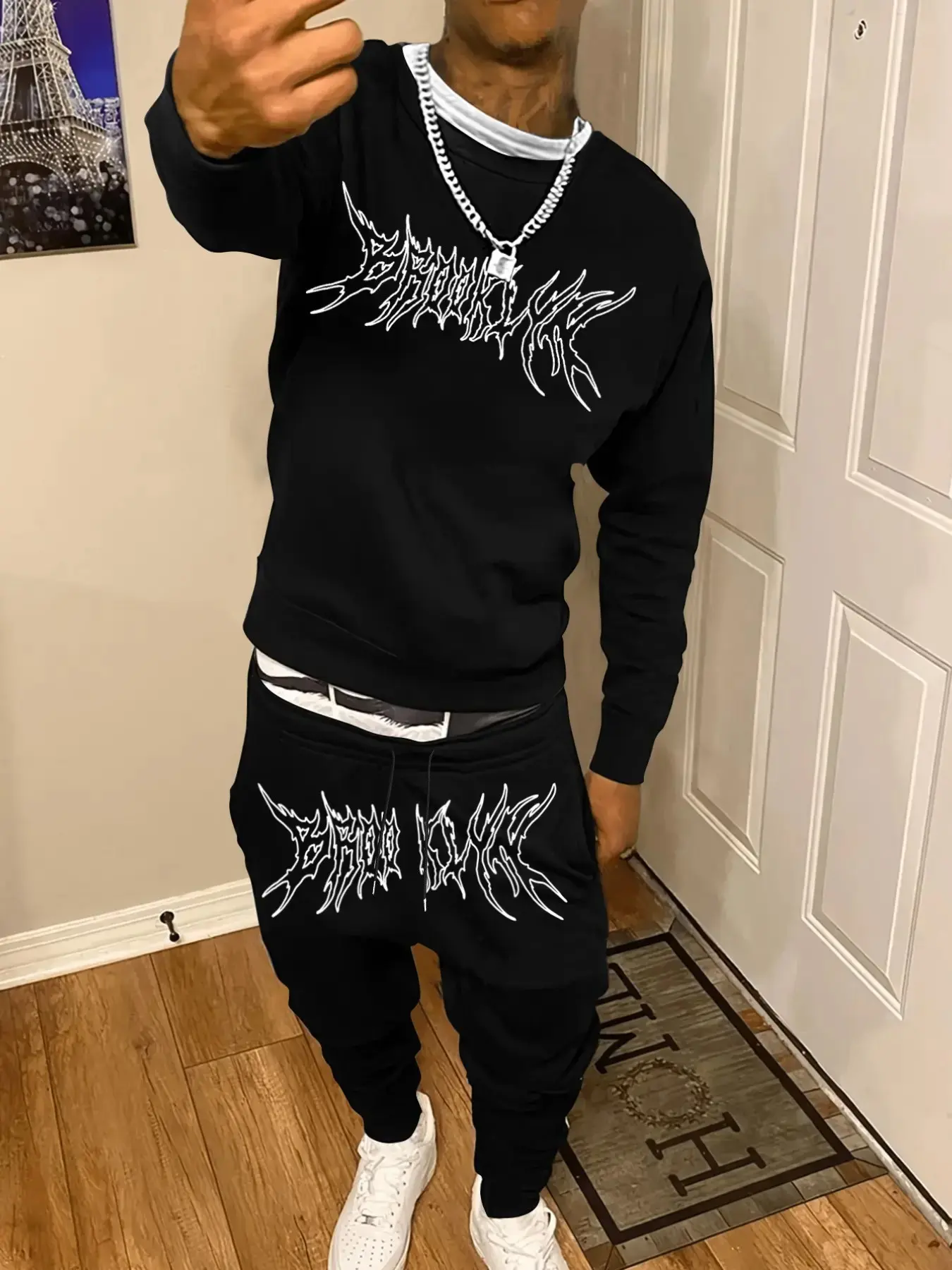 Men 2 Piece Sweat Tracksuit Black Metal Jagged Thorn Letter Graphic Matching Set Soft Thick Fleece Loose Fit Crewneck Pullover & Elastic Drawstring Cuffed Jogger Pants Wrinkle Resistant Streetwear Coord Outfit For Metal Concert Skate Night Club Campus Fal