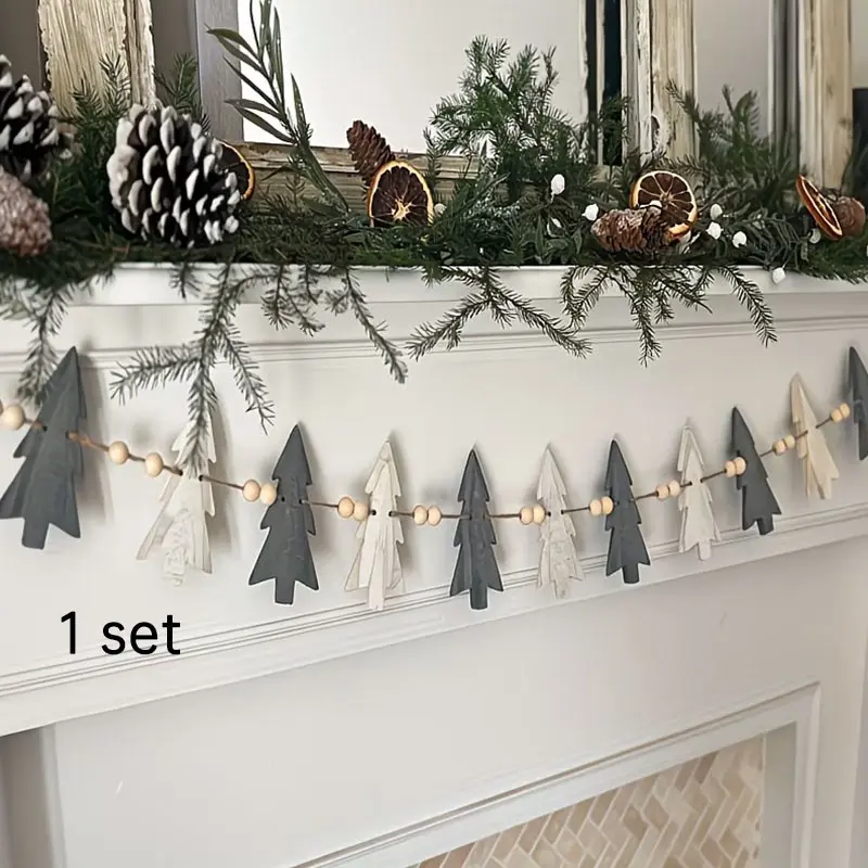 12 Trees and Wooden Beads Wreath, Winter Decor, Christmas Decoration, Holiday Fireplace Ornament, Perfect Festive Gift, Set, Hanging Ornaments