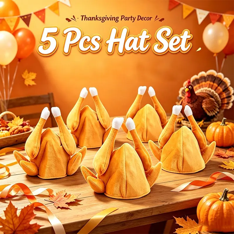 5pcs Outdoor Turkey Hat Set, Funny Plush Chicken Headgear, Party Photo Fun Hats, Unisex Thanksgiving Gift, 5 Pieces