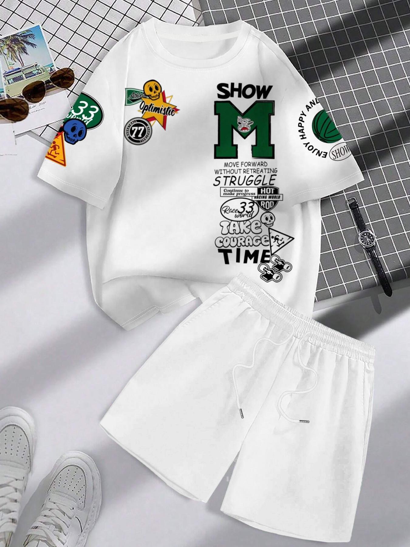 Men's Letter Print Short Sleeve Tee & Shorts Two-piece Set, Regular Fit Round Neck T-shirt & Track Shorts, Casual Fashion Cozy Breathable Men Two-piece Outfits for All Seasons