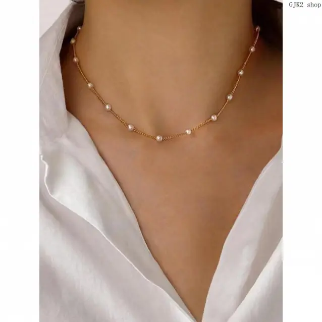 Dainty Station Pearl Choker Necklace, Gold Plated Tiny Beaded Pearl Chain Necklace, Minimalist Delicate Pearl Collar Jewelry, All-Match Daily Elegant Neck Accessory, Perfect Birthday Holiday Gift for Women Girls