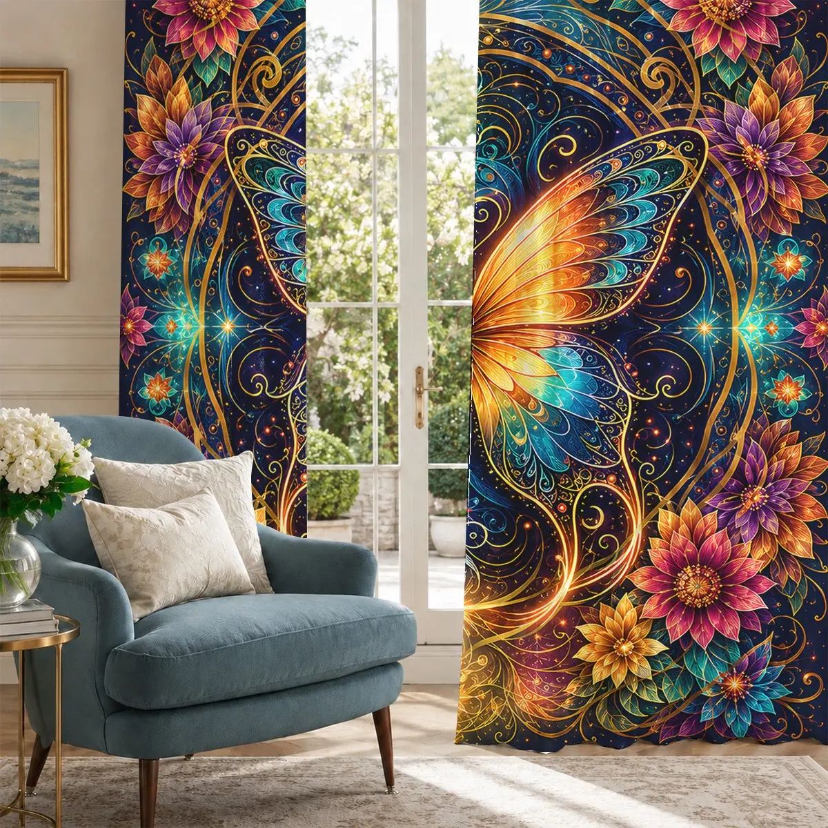 Starry Gold Mandala Butterfly Curtain Set, 2-Piece Blackout Deep Blue Curtains, Bohemian Floral Print, Vintage Bedroom Decor, Boho Blackout Curtains