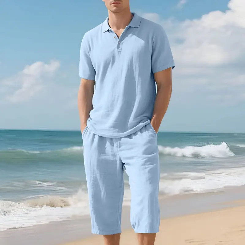Men's Linen Blend 2-Piece Set, Loose Fit Short Sleeve Polo Shirt & Capri Pants, Breathable Summer Casual Outfit for Beach Vacation, Machine Washable