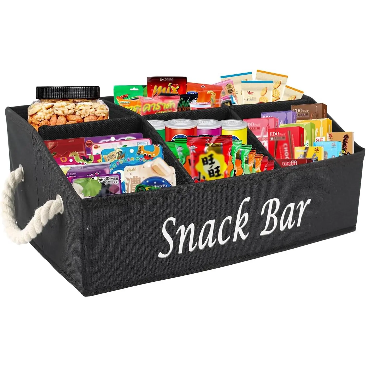 Snack Organizer for Countertop, Fabric Snack Basket with  Rope Handles, 6 Compartments Snack Box Container, Snack Bar Station Storage, Kitchen Pantry Organizer and Storage - Black