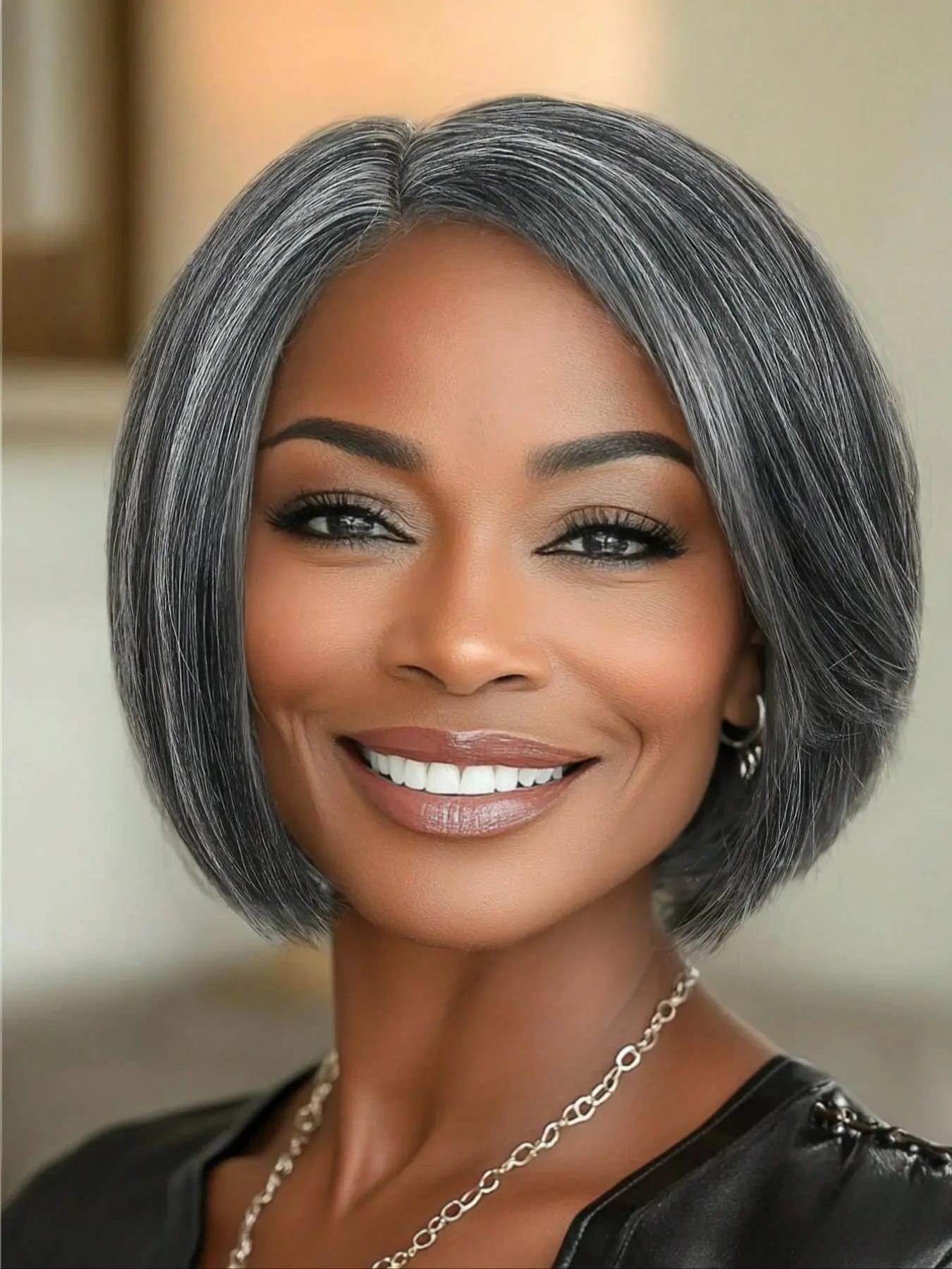 Short Side Part Salt & Pepper Bob Wig, Straight Hair Wig, Bowl Cut Cosplay Wig, Party Wigs, Heat Resistant, Natural Look, Synthetic Full Wigs for Women