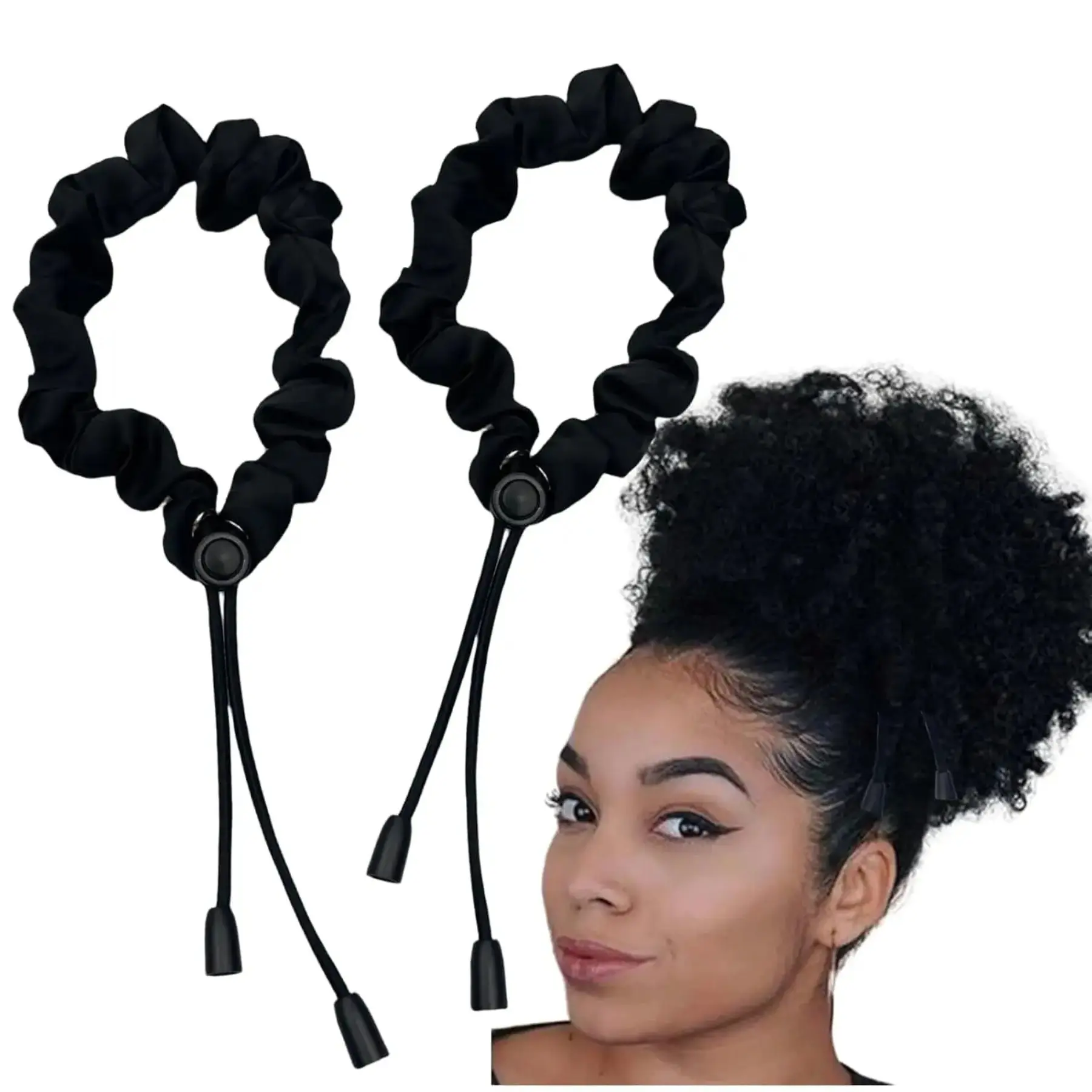 2 Pcs Adjust Satin Hair Scrunchies for Women Girls, Adjustable Hair Ties Soft Than Silk for 4c Girlie Thick Curly Natural Hair, Easy to Use Fashionable Hair Accessories for Afro Puff Loc Ponytails (black)