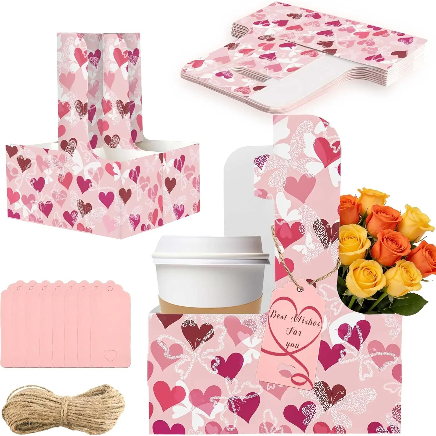 8 Set Drink Carrier,Cardboard Cup Holder with Love, Coffee Cup Holder with Handle,Coffee Carrier with Greeting Card and Ribbon for Teachers' Day Gifts Party ,
