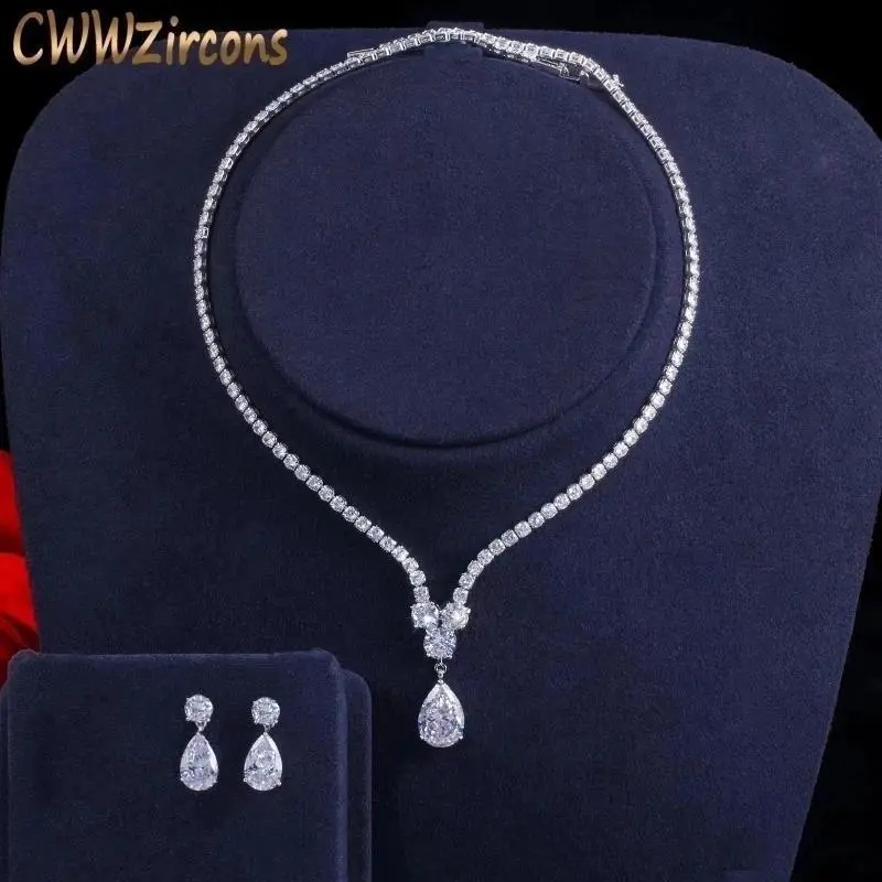 CWWZircons Fashion Cubic Zirconia Water Drop Pendant Necklace-Earrings Set, Pendant for Chain, Set Includes Neck+Earrings, Real Photo Shown, Bridal Wedding Party Jewelry (T397), Female, 42 Cm, Drop Earrings, Synthetic, Bridal Party Supplies, Hook Earrings