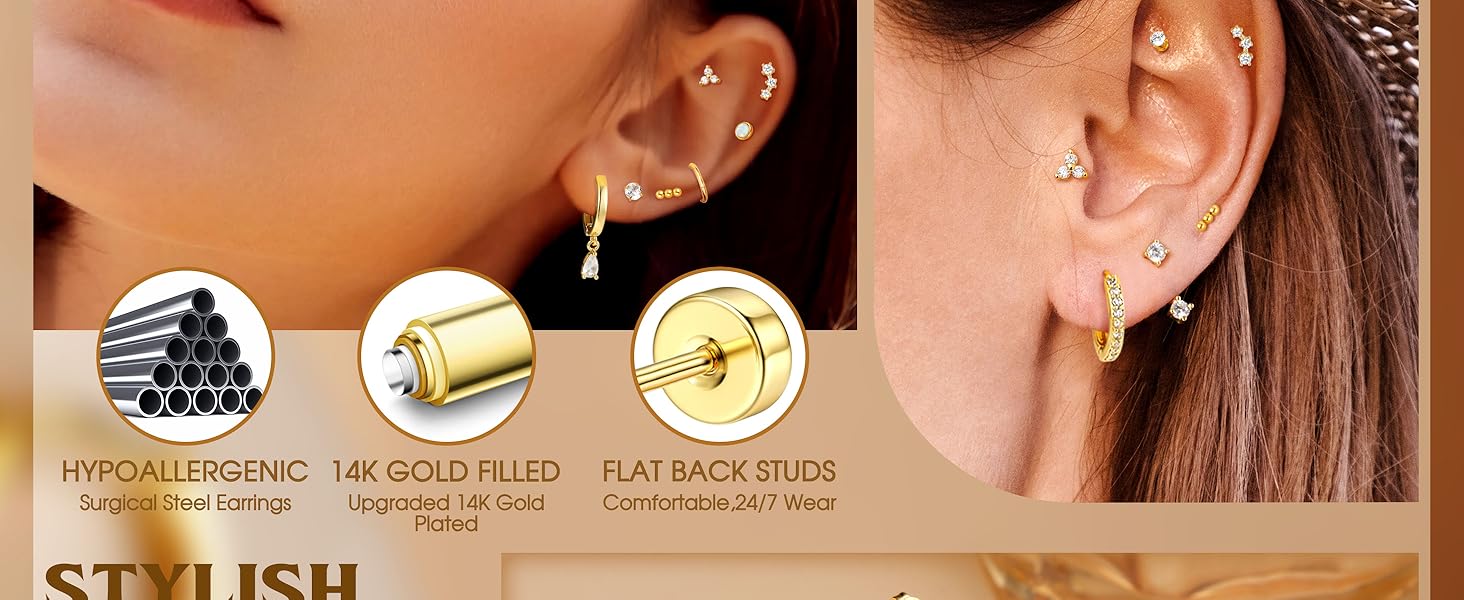 MILACOLATO Hypoallergenic Flat Back Earrings Gold Cartilage Earring Sets for Multiple Piercing 20G Surgical Stainless Steel Earrings for Women Trendy Earring Stacks Small Hoop Flatback Stud Earrings SpringStatements