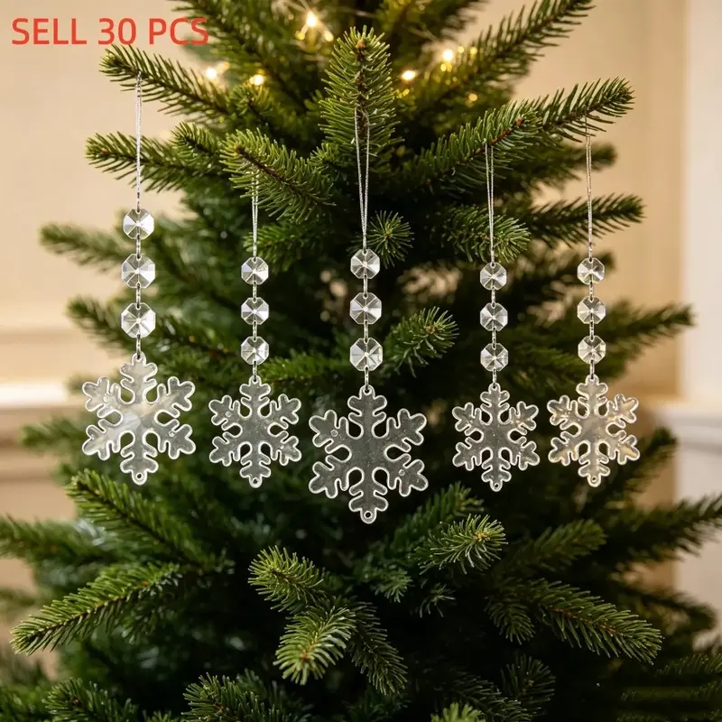 30pcs Transparent Shiny Crystal Christmas Tree Ornaments, Anti-Shatter Ice Bar Clear Snowflakes, Ideal for Christmas, Holidays, Wedding Decorations, Durable Plastic Decor