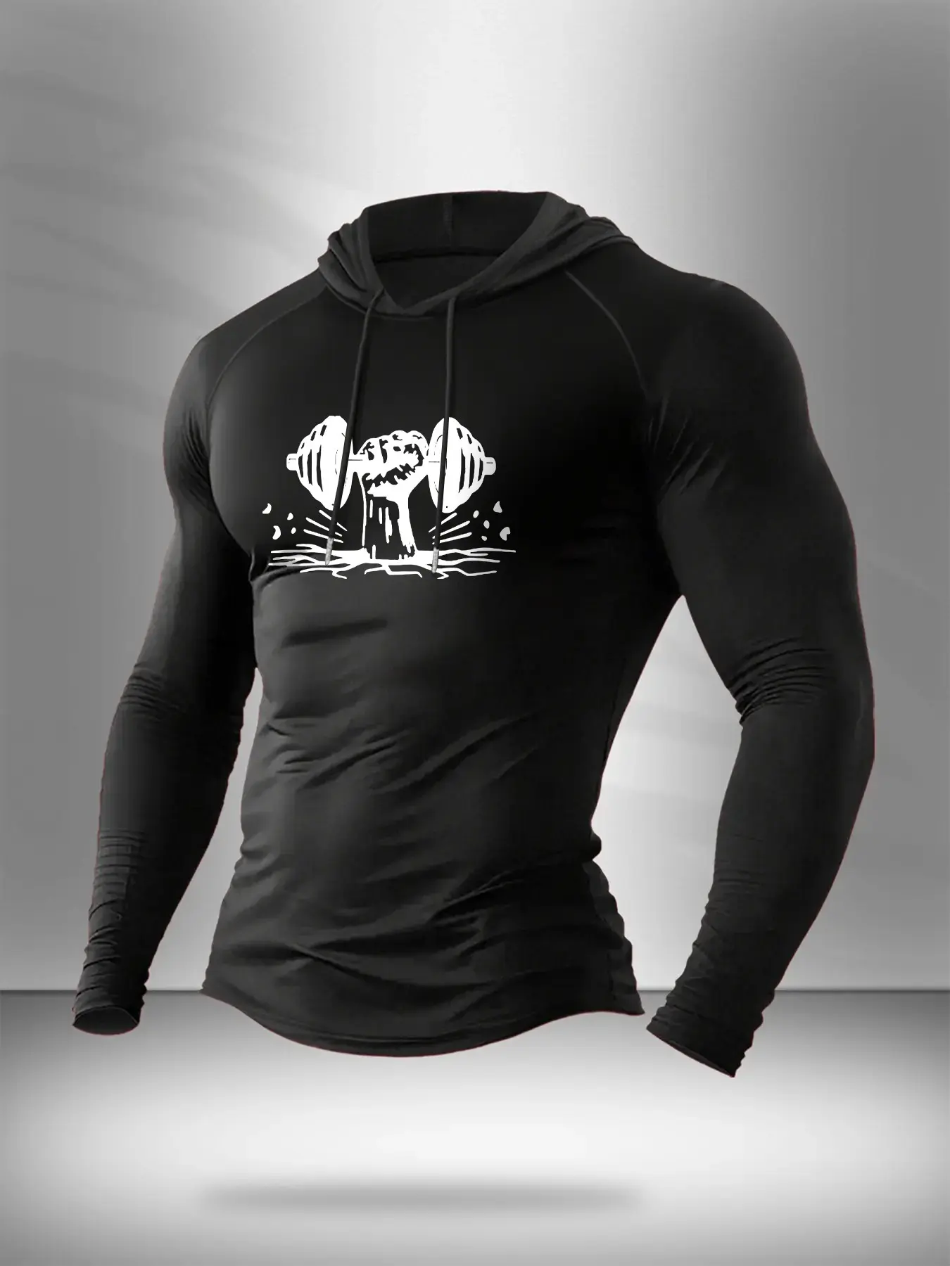 Funny Monster Lifting Barbell Print Single Compression Hooded Long Sleeve, Stretch Quick Dry Workout Slim Base Hoodie