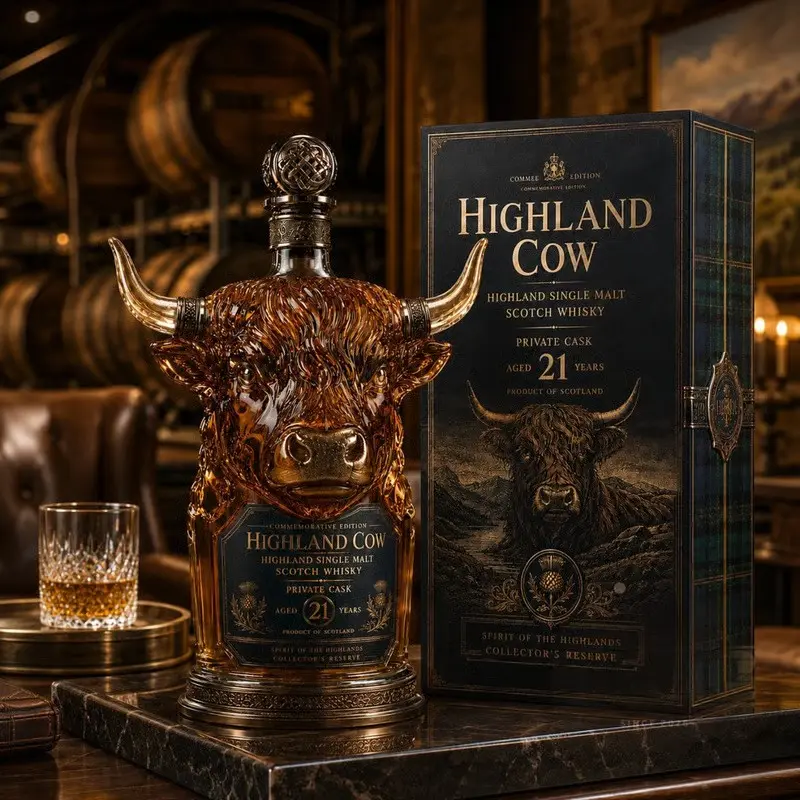 Highland Cow 21 Years Private Cask Single Malt Scotch Whisky, Collectible Decanter with Vintage Metal Stopper, Luxury Gift Bottle, Commemorative
