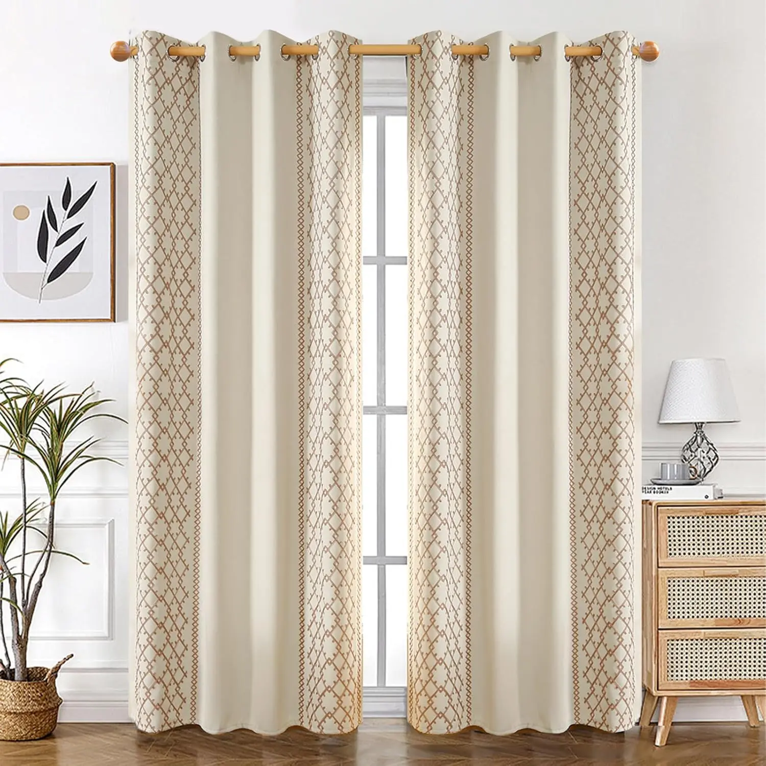 Beige  Blackout Boho Linen Embroidered Curtians 2 Panels, Geometric Curtains Noise Reducing &  Curtains for Bedroom, 52W x 63L, Grommet