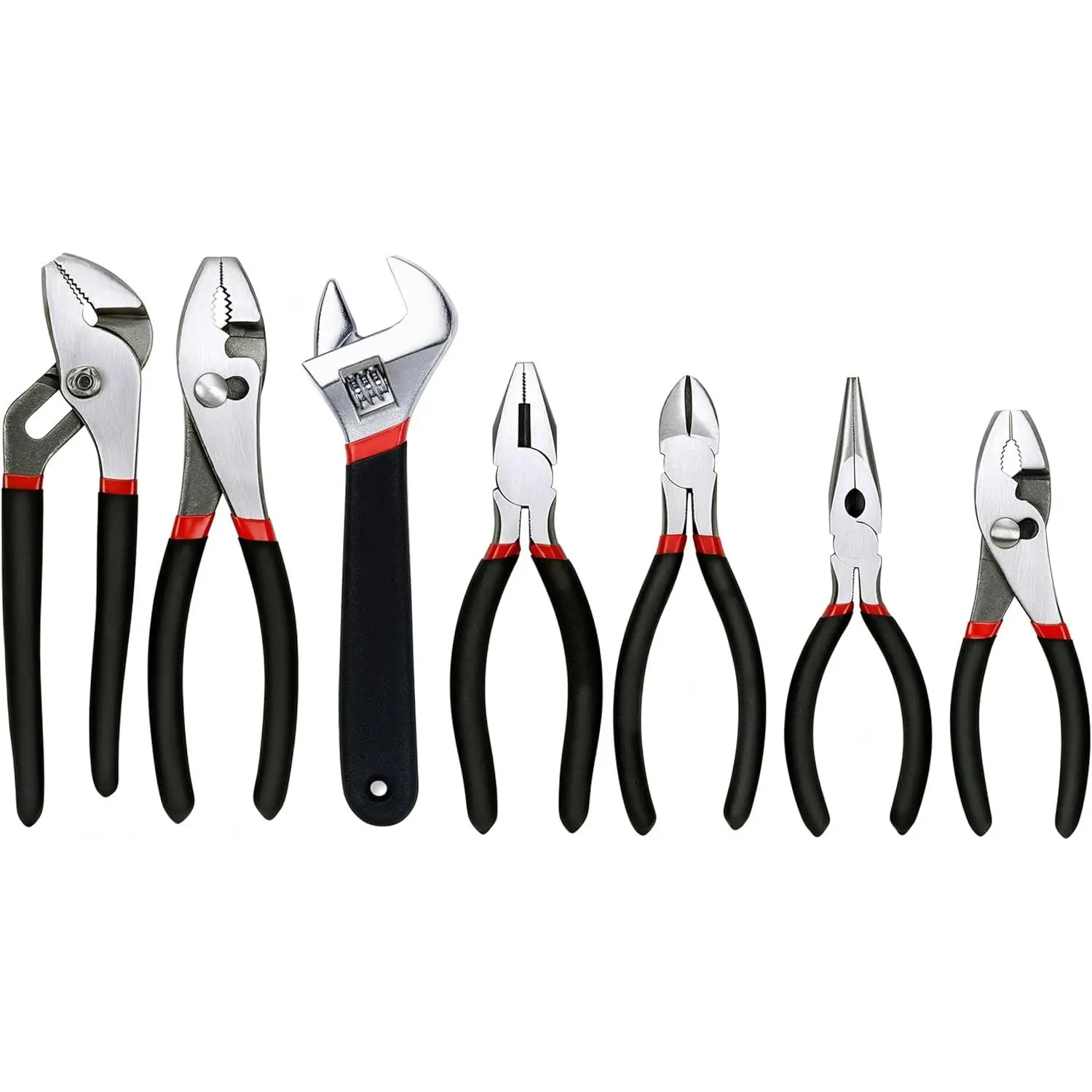 7- Utility Pliers and Wrench Set, Includes 8" Adjustable Wrench, 8"  Joint, 8" & 6" Slip Joint, 6" Long Nose, 6" Diagonal and 6" Linesman Pliers, Dipped Handle