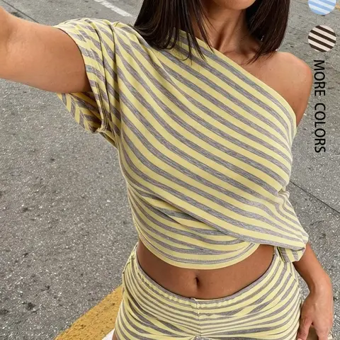 Summer Two Piece High Waisted Lounge Striped Loungewear Matching Set, Shorts Pj Set, Off Shoulder Short Sleeve Crop Top & High Waist Elastic Shorts With Horizontal Yellow Gray Stripe Print For Indoor Home Rest Sleep Daily Relax For Women