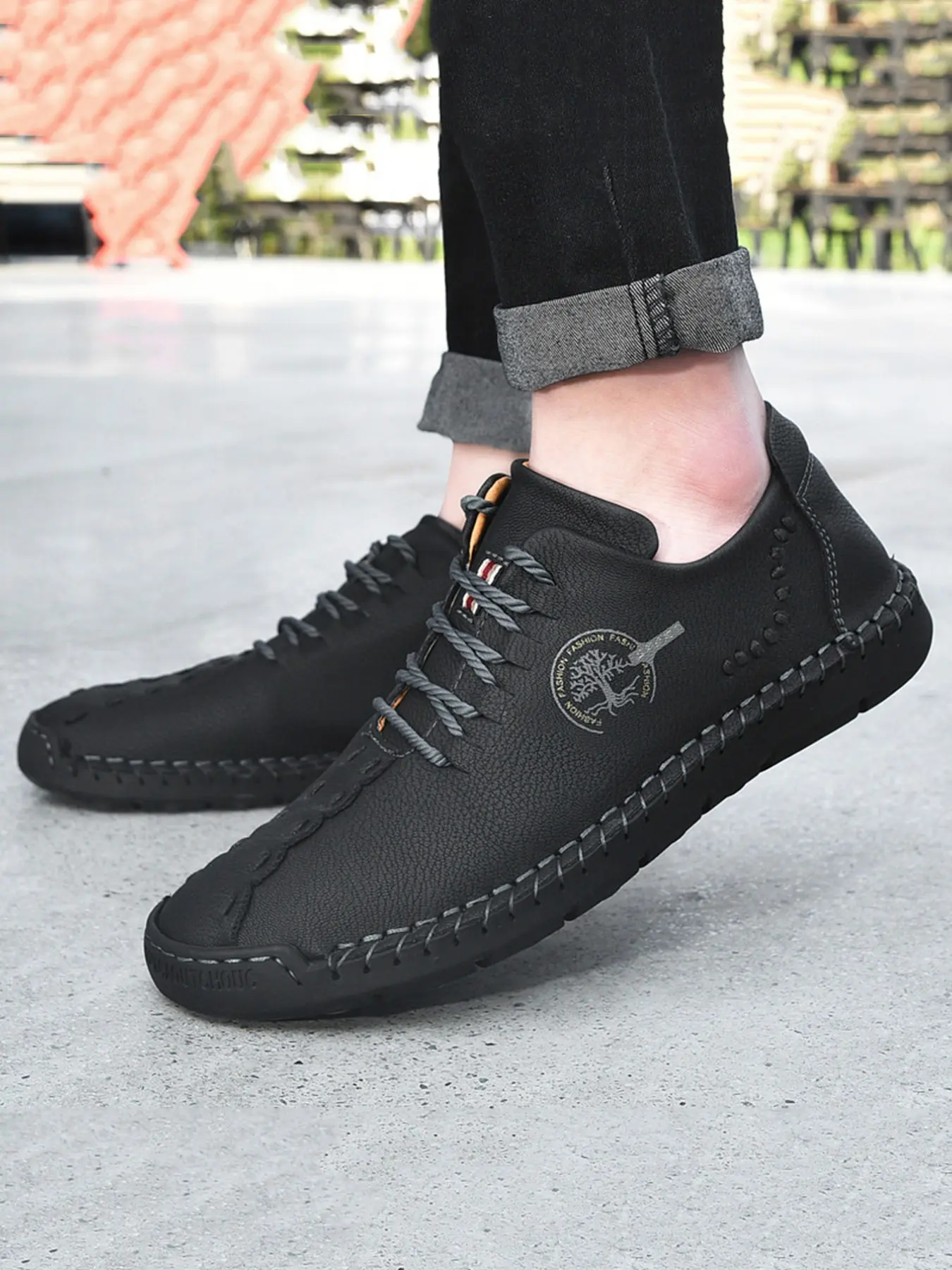 Men's Fashion Casual Shoes, Hand-Stitched PU Low Top Sneakers, Casual Trendy Trainers, Laces Sports Shoes, Durable Anti-Slip Comfortable Soft Sole, Plus Size