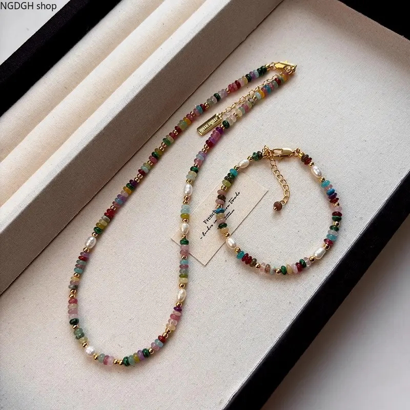 Trendy Multicolor Natural Stone Beaded Jewelry Set,Boho Freshwater Pearl Necklace & Bracelet,Colorful Chip Beads Gold‑Plated Layering Set for Women Daily Party Gift